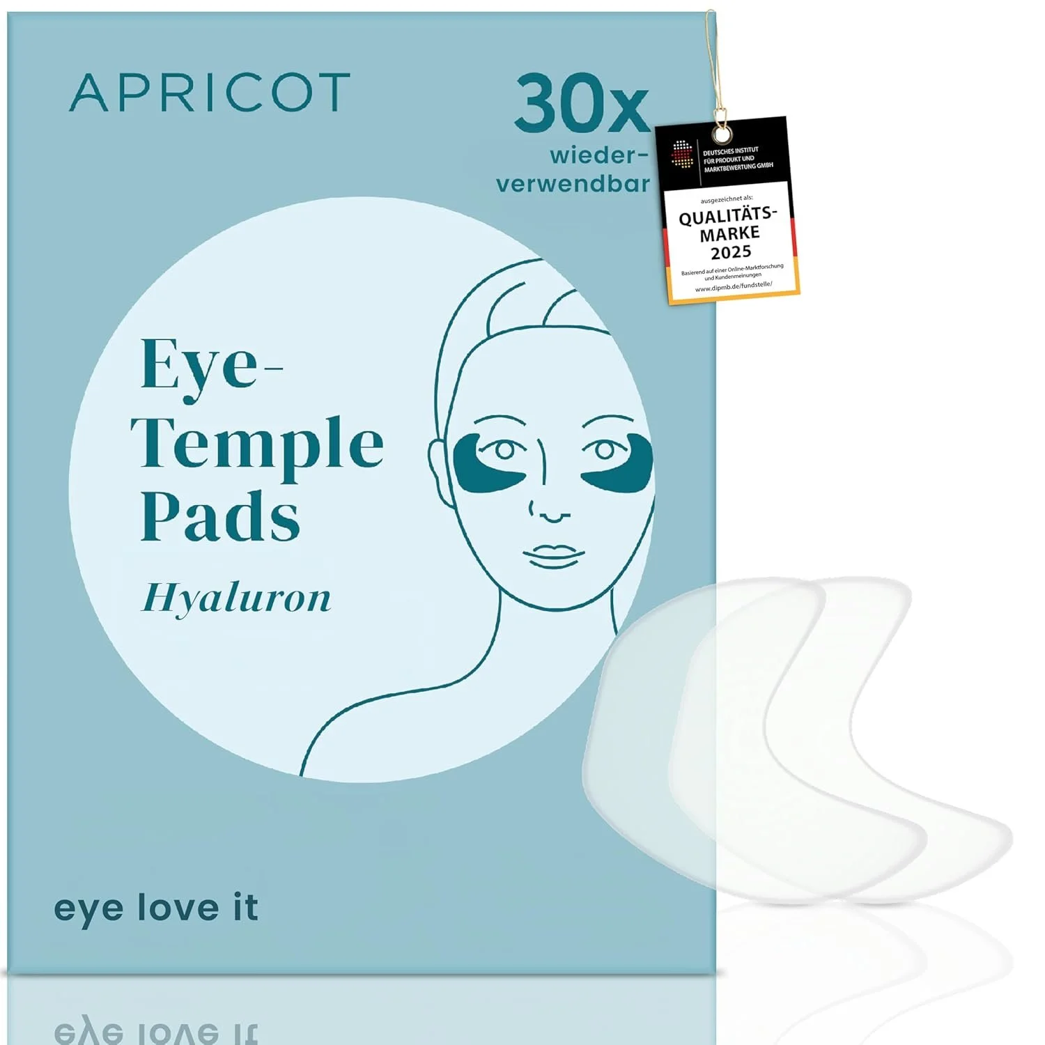 Blaue APRICOT-Schachtel für wiederverwendbare Hyaluron-Augenpads. Rechts liegen zwei lose, klare Gelpads. Auf der Schachtel steht '30x wiederverwendbar' und ein Etikett 'QUALITÄTS-MARKE 2025'.
