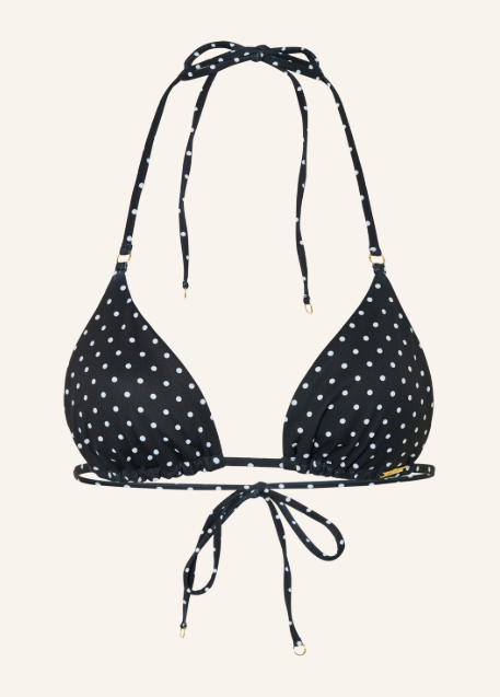 Schwarzes Bikini-Oberteil in Triangel-Form mit weißen Punkten und Bindebändern.