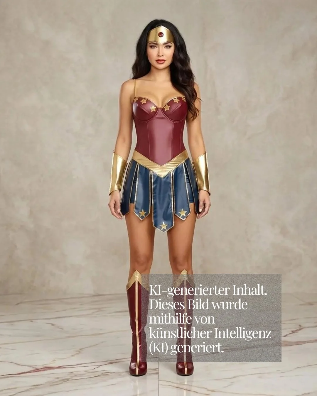 KI-generiertes Bild einer Frau in einem klassischen Wonder-Woman-Kostüm. Ein eingeblendeter Text weist auf die KI-Erstellung hin.