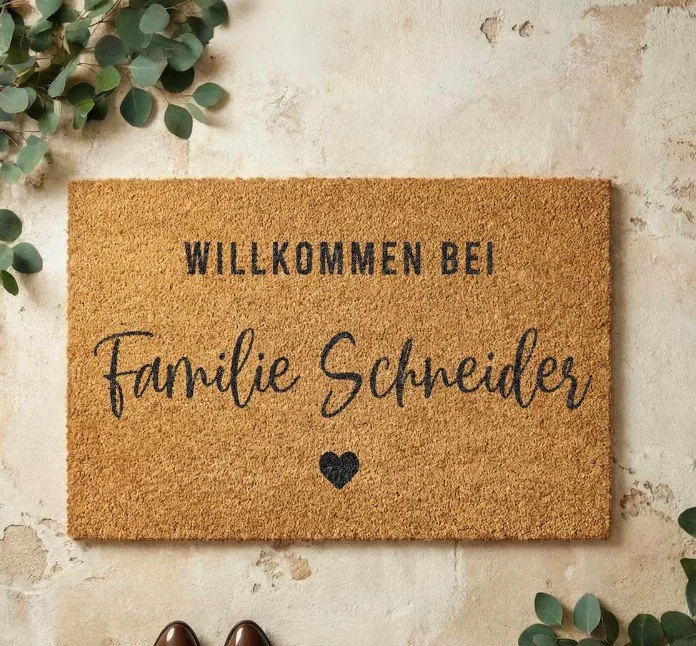 Personalisierbare Kokos-Fußmatte mit dem schwarzen Aufdruck „WILLKOMMEN BEI Familie Schneider“ in Schreibschrift und einem kleinen Herz.