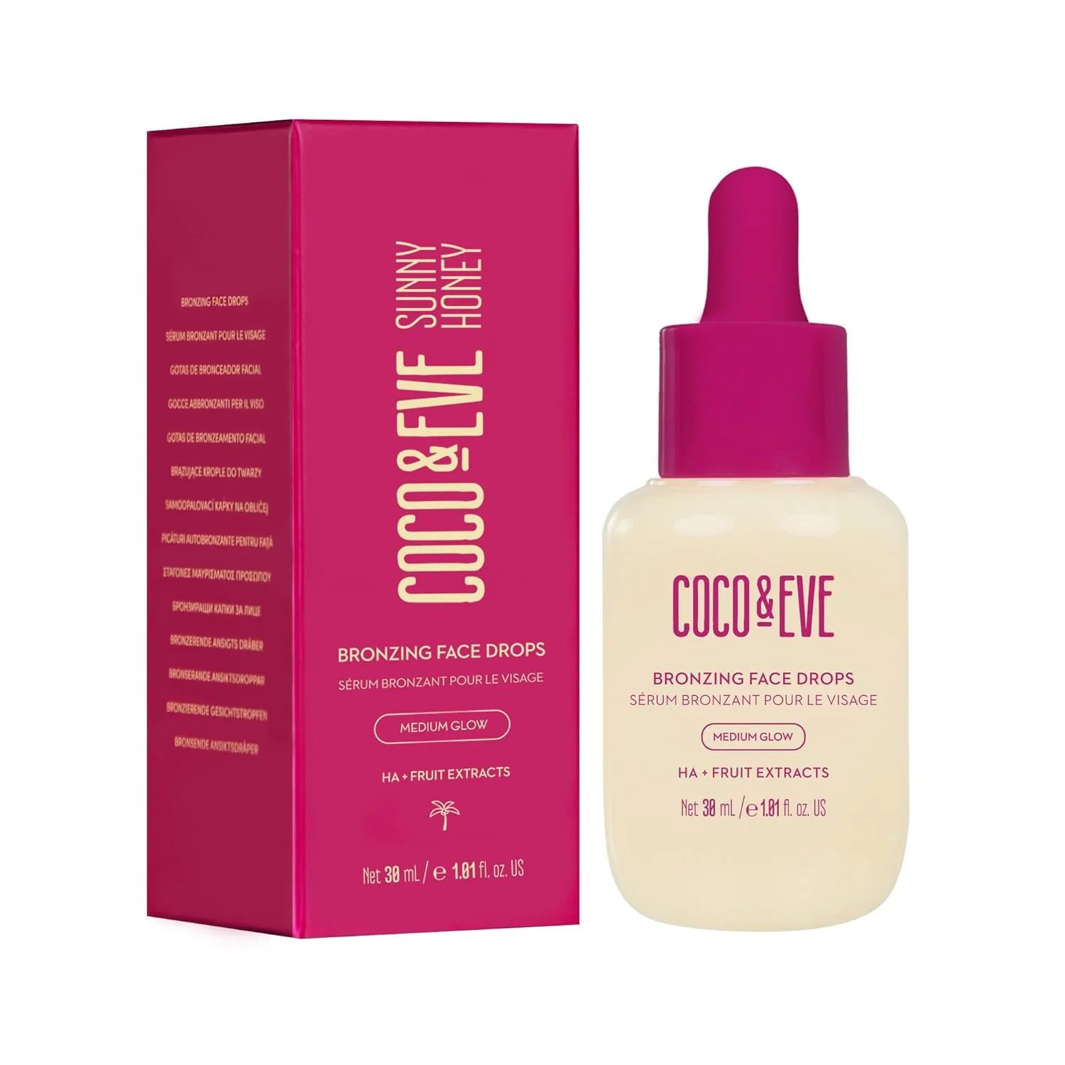 Pinke Umverpackung und Fläschchen der Coco & Eve "Sunny Honey Bronzing Face Drops" (Medium Glow) mit Pipette.