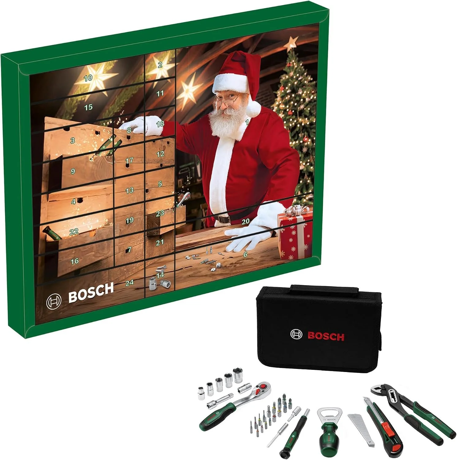 Ein Bosch-Werkzeugkalender mit Weihnachtsmann-Motiv. Davor liegen die enthaltenen Handwerkzeuge und eine schwarze Aufbewahrungstasche bereit.