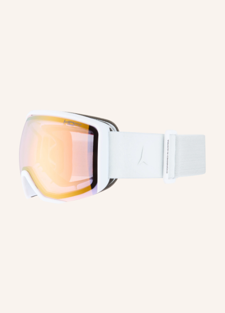 Eine weiße Skibrille mit verspiegeltem, orange-rosa schimmerndem Glas und einem breiten weißen Kopfband.