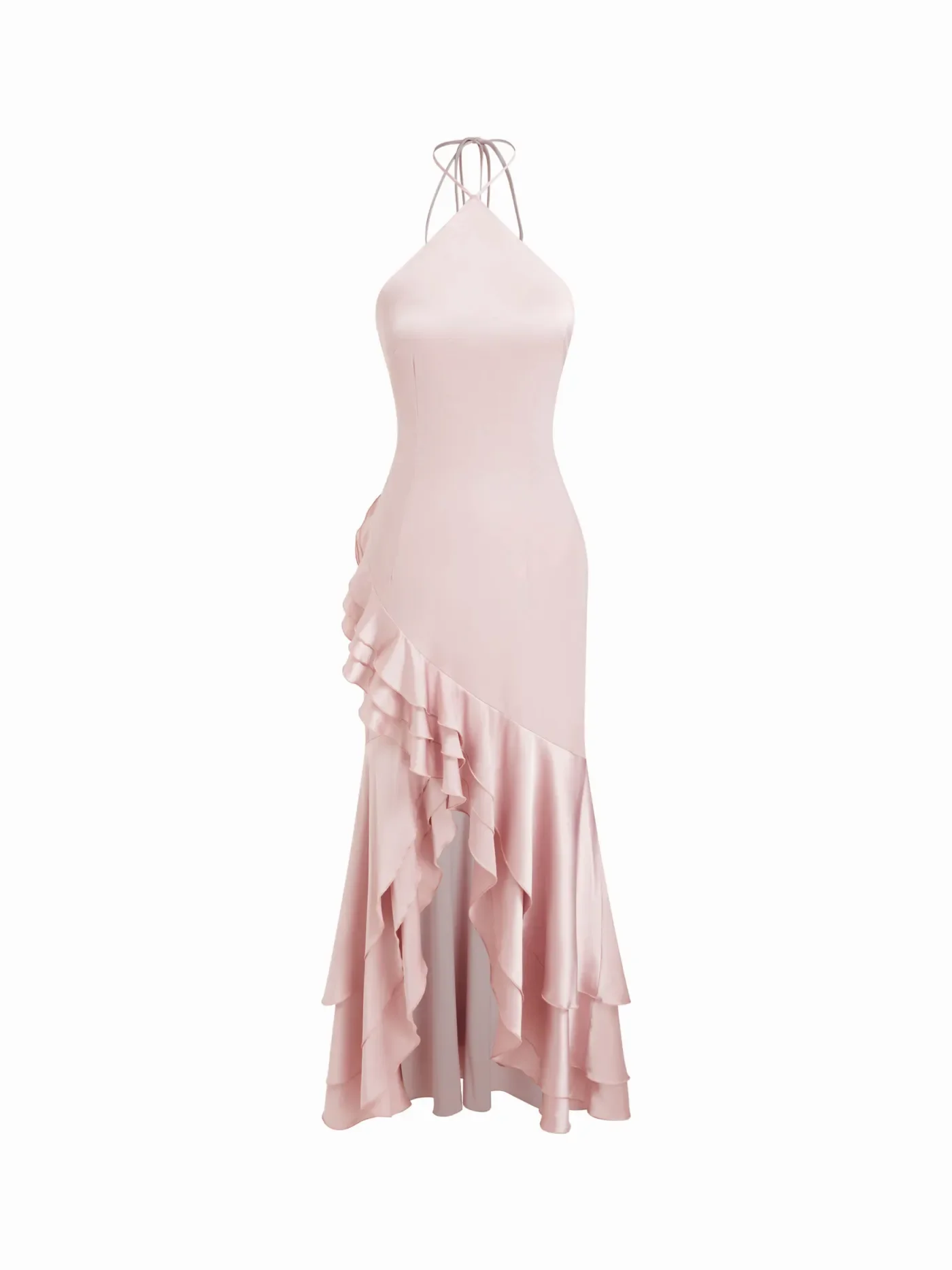 Elegantes Brautjungfernkleid in hellem Rosa aus Satin mit Halter-Neck und asymmetrischem Vokuhila-Saum. Seitliche Rüsche und fließender High-Low-Schnitt – stylish und preiswert für die Sommerhochzeit.