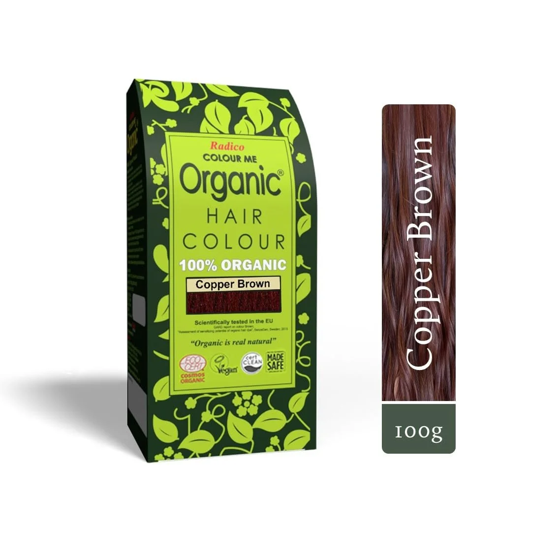 Grüne Verpackung von Radico Colour Me Organic Hair Colour im Farbton Copper Brown, daneben eine Haarsträhne in kupferbraunem Farbton.