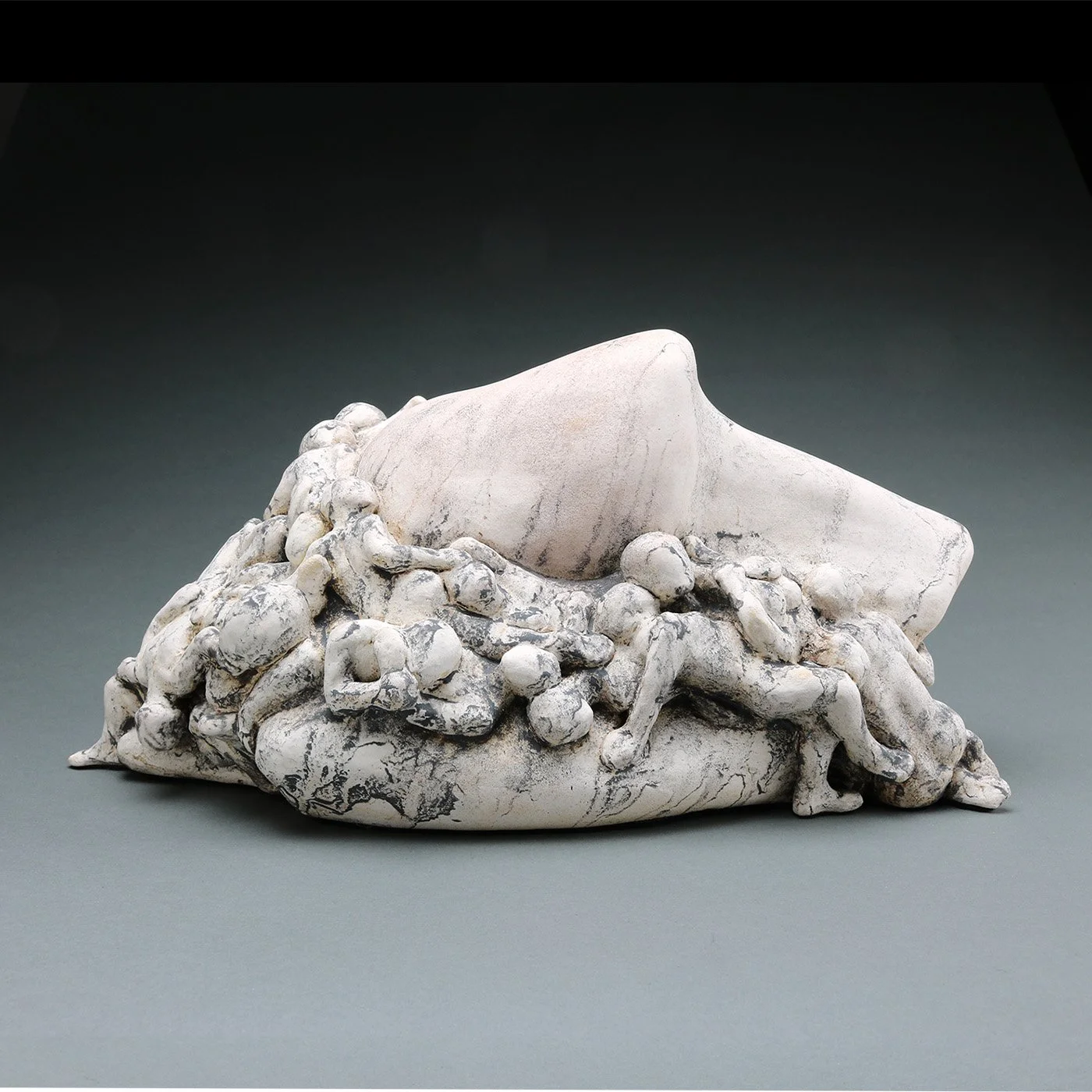 Textured ceramic multi-figure sculpture exploring connection and shared experience by Lisa Hilton