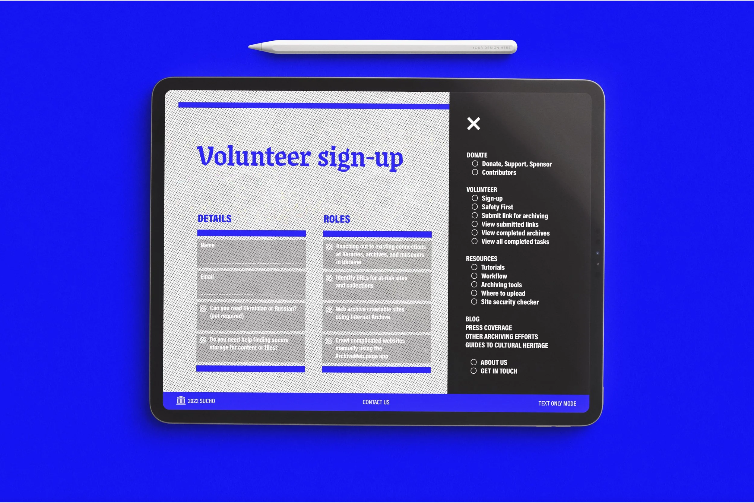 SUCHO website design concept, by Sara Oakley. Showing sign-up page.