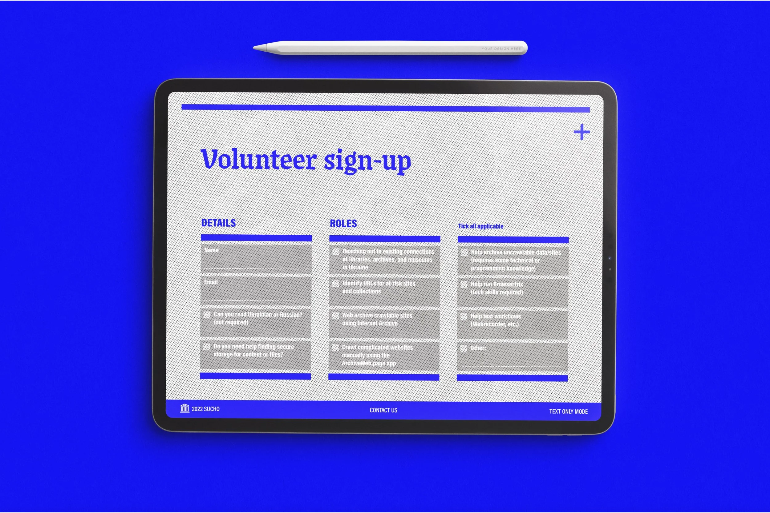 SUCHO website design concept, by Sara Oakley. Showing sign-up page.