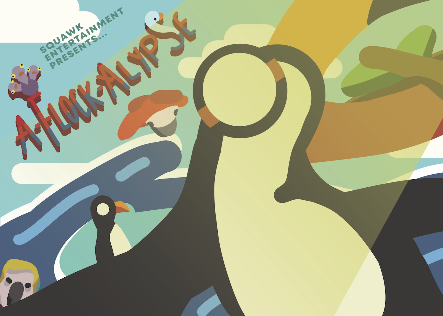  A-FLOCK-ALYPSE is a board game in which 2-4 players each control a penguin, toucan, and macaw. Their objective is to get these birds from the bottom of the board to the top, while staying ahead of the rising sea levels that mean certain doom. The th