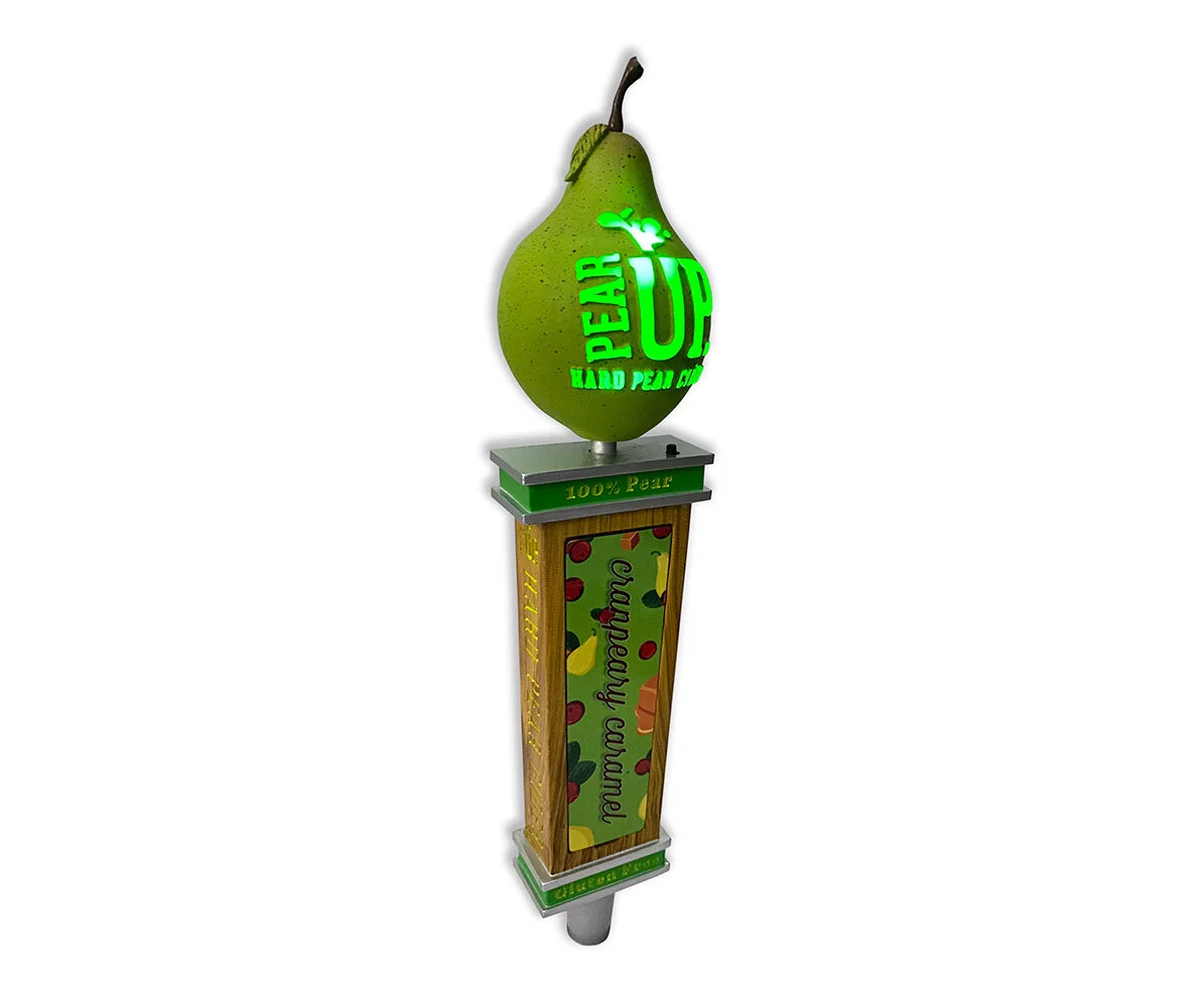 Pear Up Hard Pear Cider custom lighted cider tap handle with recessed area for changeable ciders. For this custom lighted tap handle there is a small switch at the top that you push to get different lighting options. One click gets you a slow flash. 2 clicks and you get a fast flash. And 3 clicks keeps the light on.