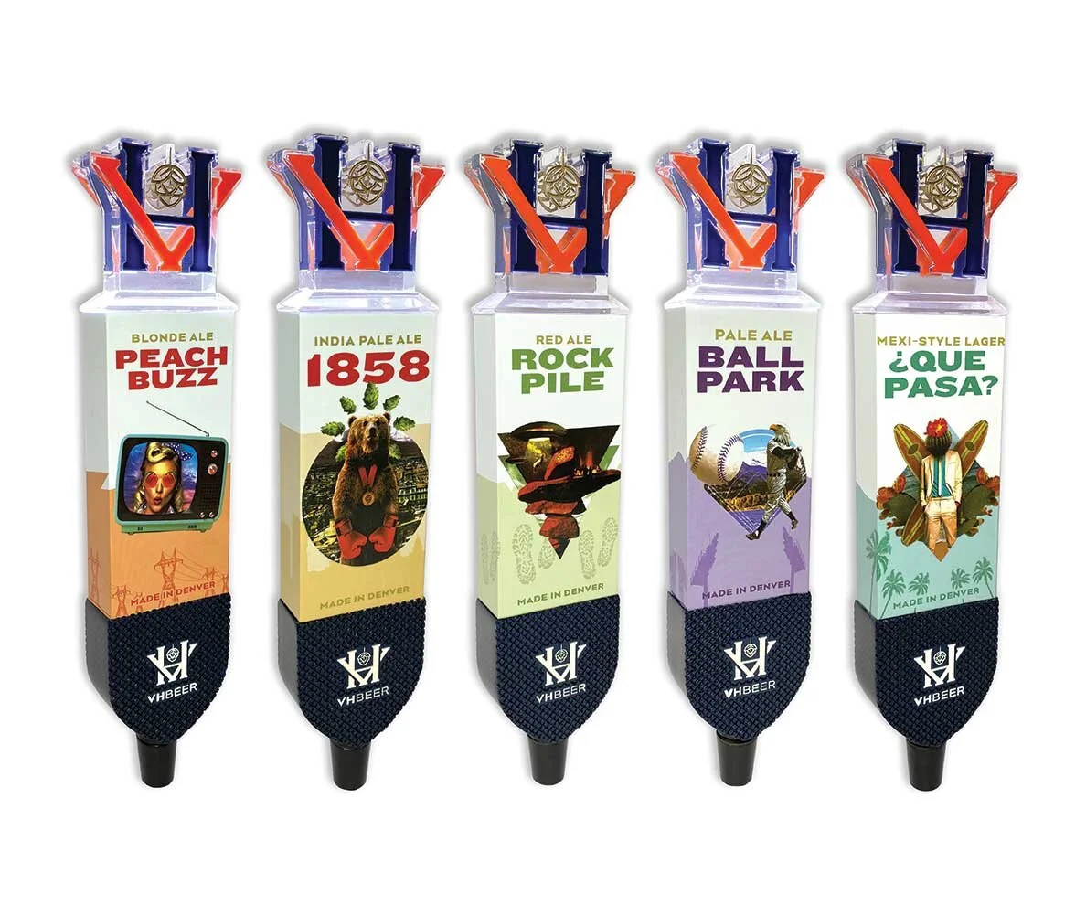 View House Beer custom illuminated tap handles. This beautiful set of 5 custom tap handles all have a small switch on the side that illuminates LED lights that shine up into the VH logo lighting the acrylic VH.