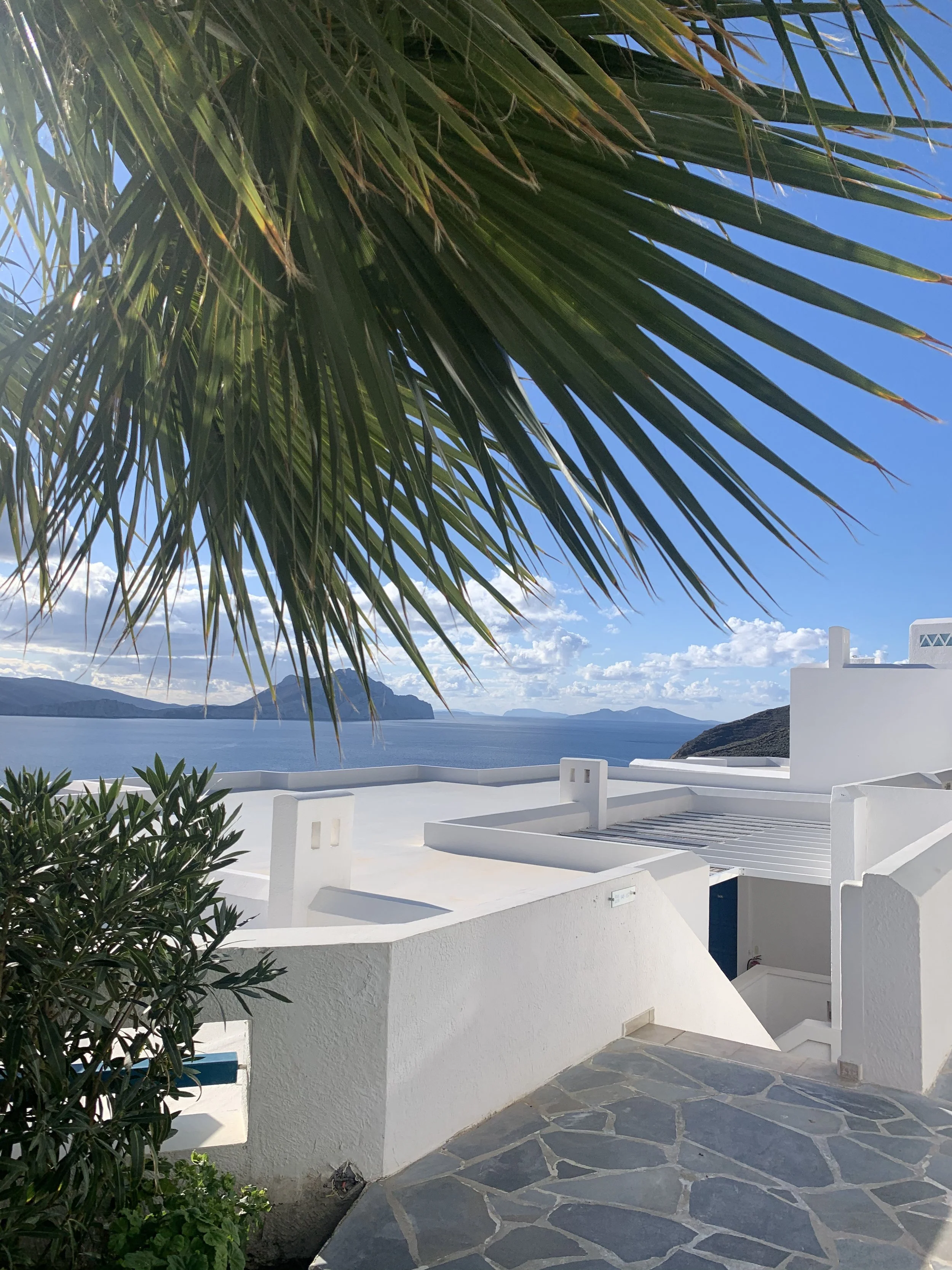 A scenic view of a white building with Mediterranean architecture, overlooking a body of water with mountainous islands in the distance, framed by a large palm tree in the foreground on a sunny day.