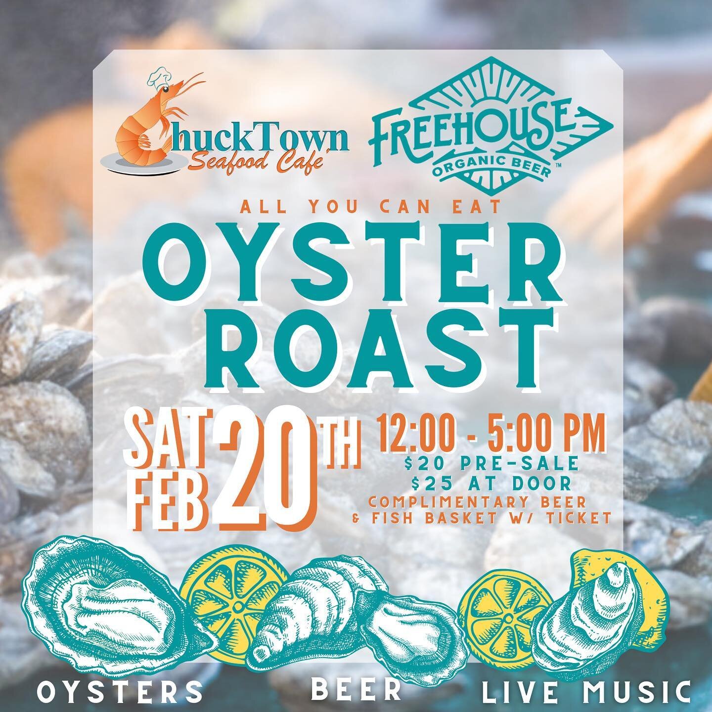 Aw shucks! ALL YOU CAN EAT! 🦪 
Yep, you read that right! Join us this Saturday, February 20th for Freehouse's first-annual All You Can Eat Oyster Roast! 
From 12:00 - 5:00 pm @chucktown_mobile_seafood will be providing delicious, local oysters in th