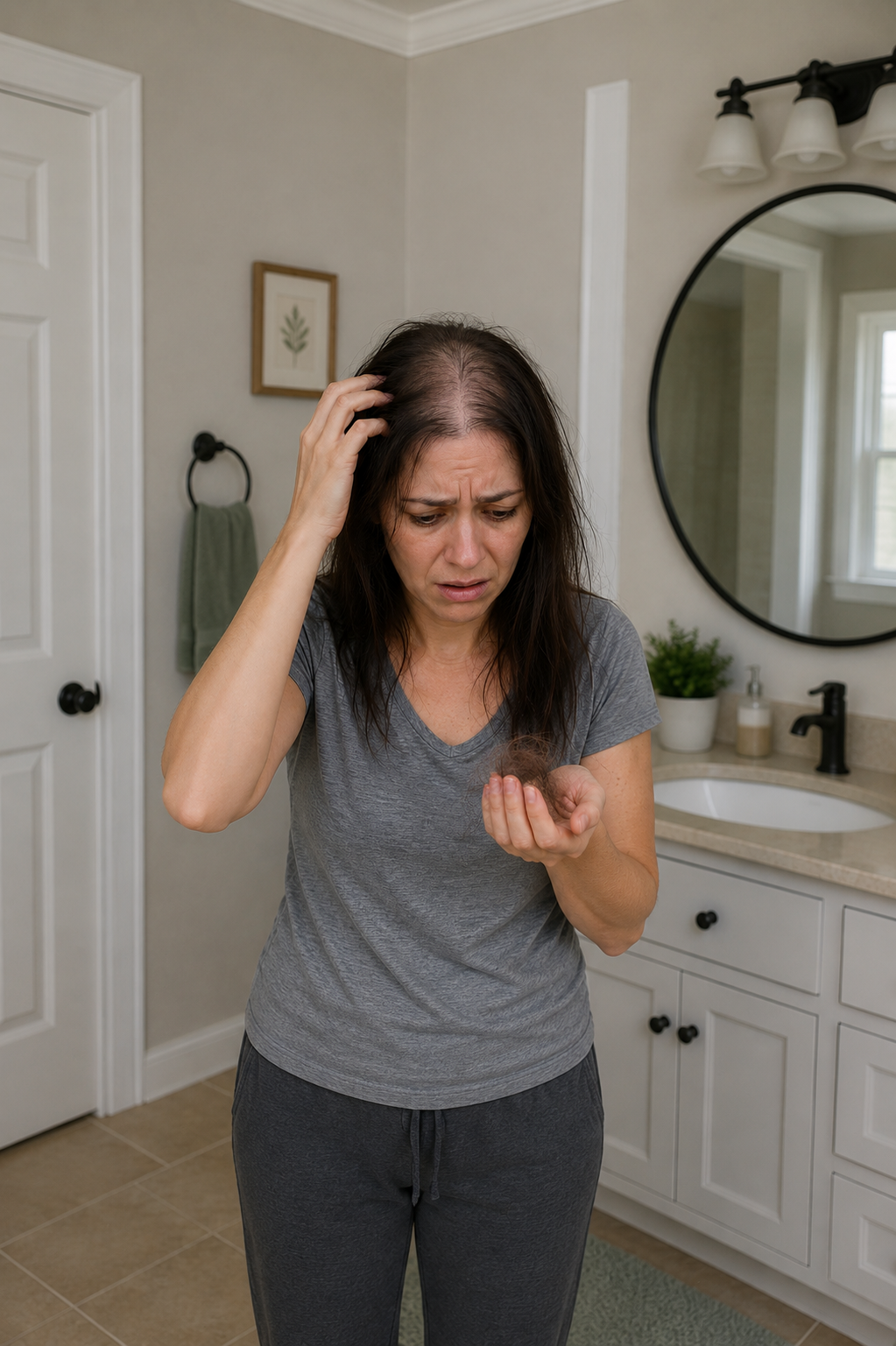 A stressed woman with thin hair and holding hair in her hand