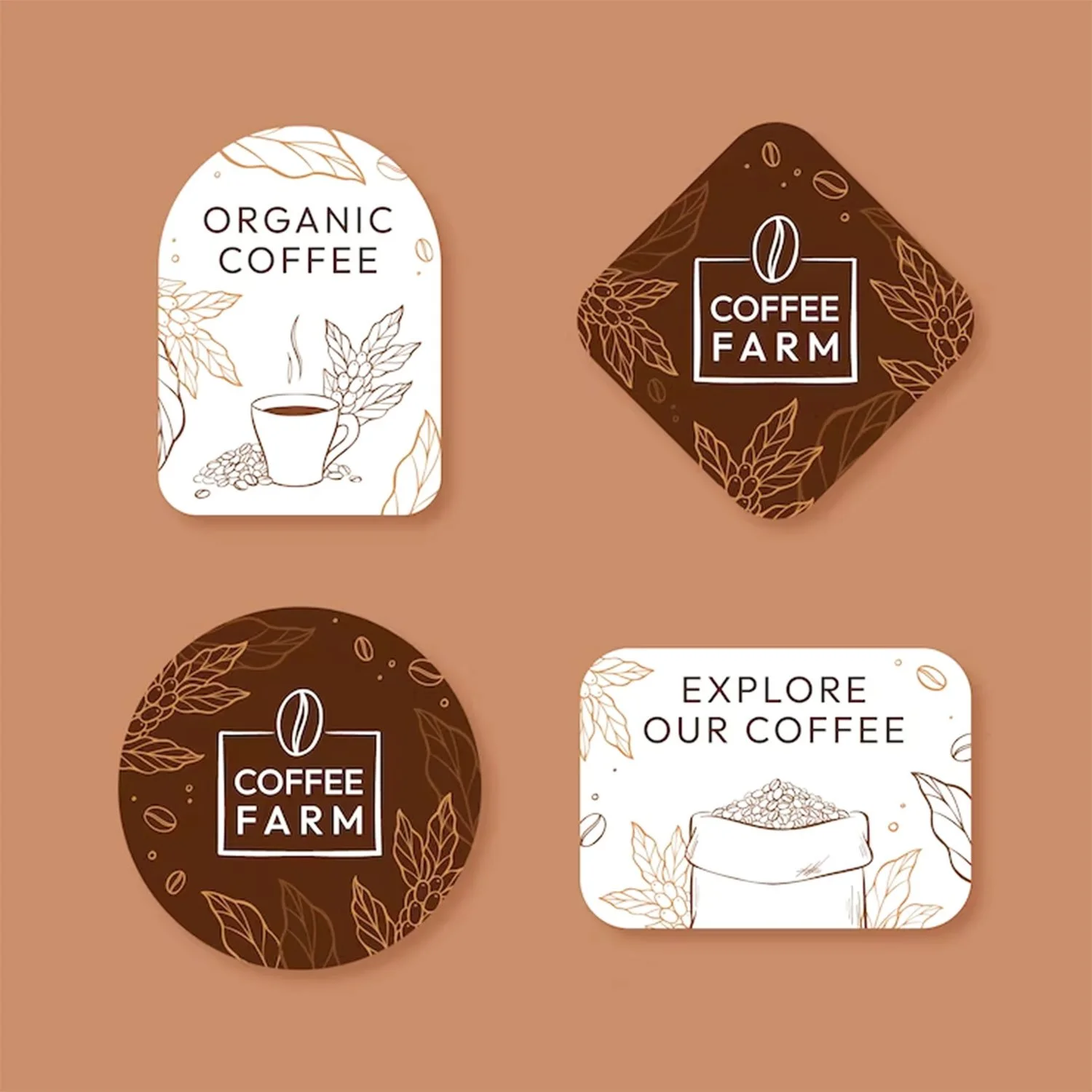 Set of coffee labels featuring text 'Organic Coffee', 'Coffee Farm', and 'Explore Our Coffee' with coffee-related illustrations on brown and white backgrounds.