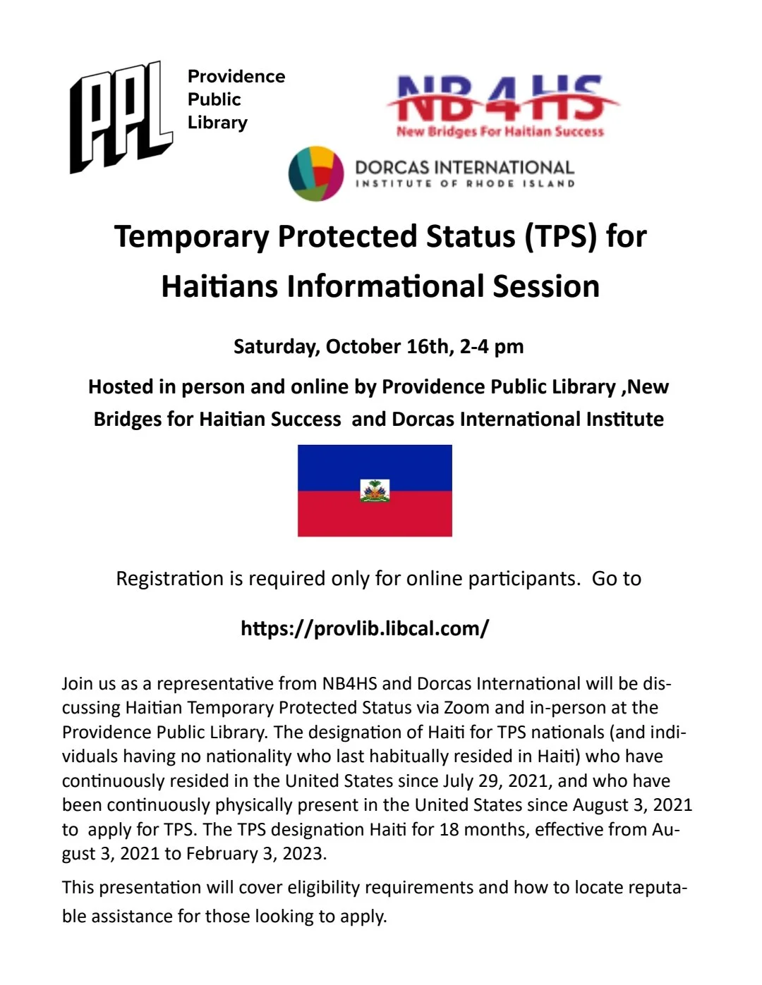 NB4HS and Dorcas International Hosting Informational Covering TPS for Haitians at PPL
