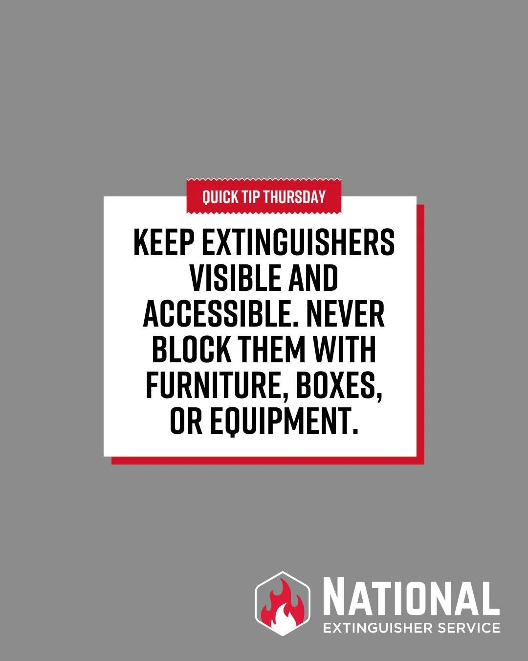 Quick Tip Thursday!

Keep extinguishers visible and accessible. Never block them with furniture, boxes, or equipment.

#NES #NationalExtinguisherService #FireExtinguishers #FireExtinguisherServices