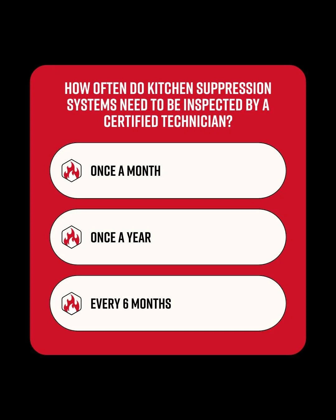Quiz Time!

How often do kitchen suppression systems need to be inspected by a certified technician?

A: Every 6 Months!

Commercial kitchen suppression systems must be inspected by a certified technician every six months to stay safe, compliant, and