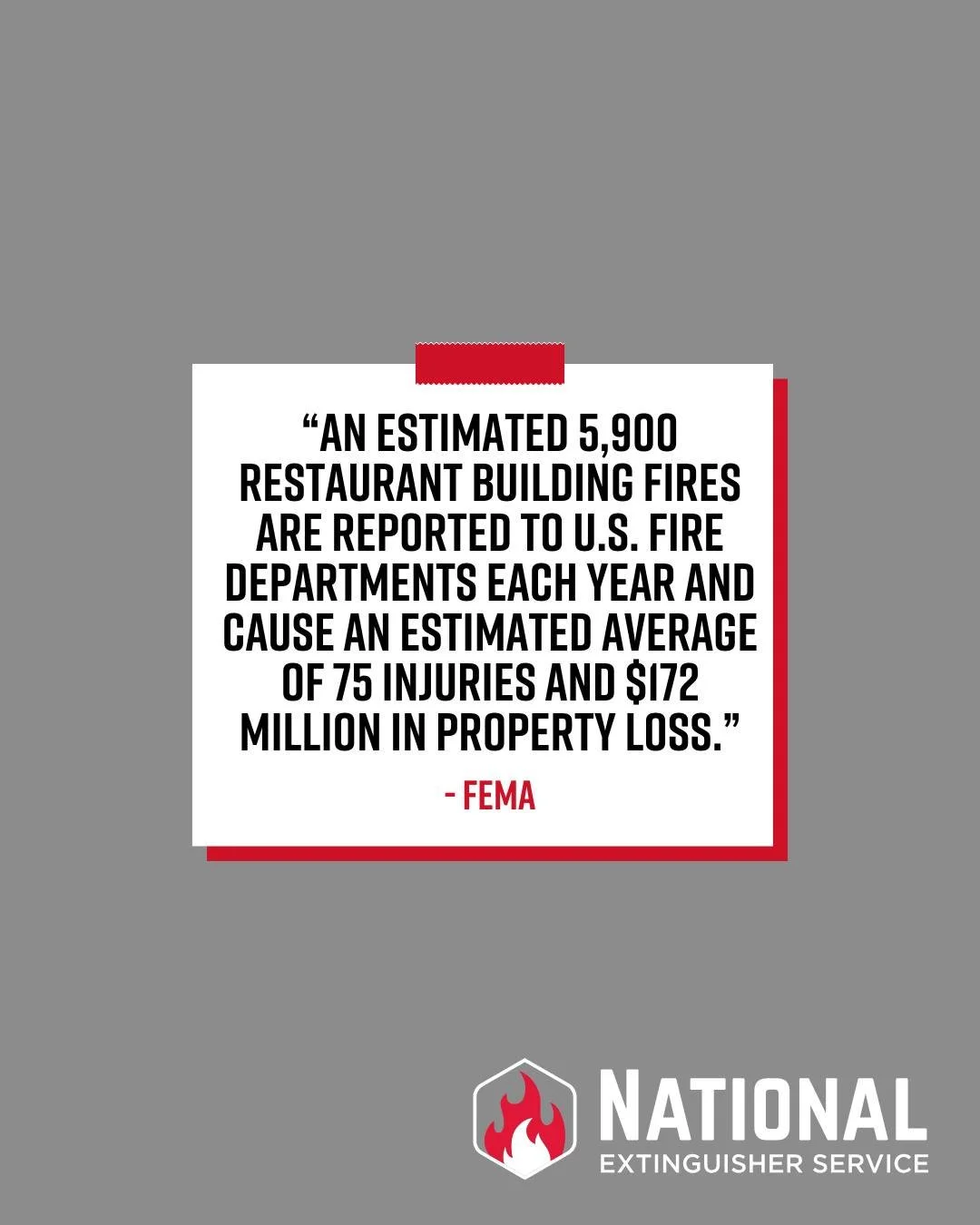 &ldquo;An estimated 5,900 restaurant building fires are reported to U.S. fire departments each year and cause an estimated average of 75 injuries and $172 million in property loss.&rdquo;
-  FEMA

Protect your employees, customers, and property by be