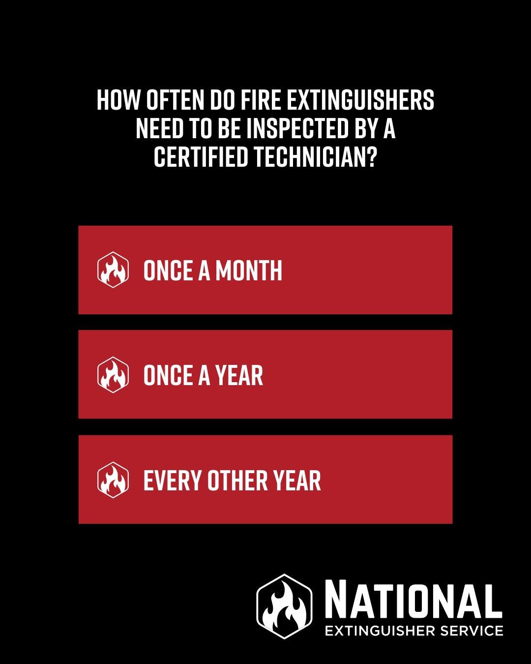 Q: How often do fire extinguishers need to be inspected by a certified technician?

A: Once a year!

If your fire extinguishers have not been inspected within the last year, it&rsquo;s time to schedule an inspection. Click the link in our bio or cont
