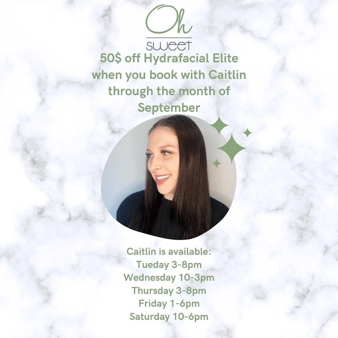 Hello everyone 🤗 for the month of September, Caitlin has a 50$ off promotion for HydraFacial elites! 

During this service, we start with lymphatic drainage to help remove toxic buildup for healthier looking skin, decrease inflammation, remove unwan