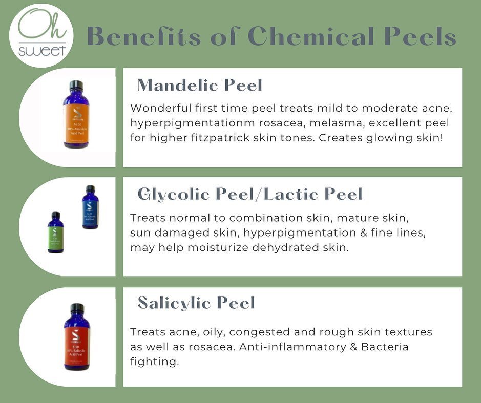 ✨It&rsquo;s that time of year again! ✨

Chemical Peels are used for a more aggresive exfoliation treatment. Chemical peels soak into the skin through many layers of the epidermis, while deep peels can even penetrate into the dermis. A chemical peel i