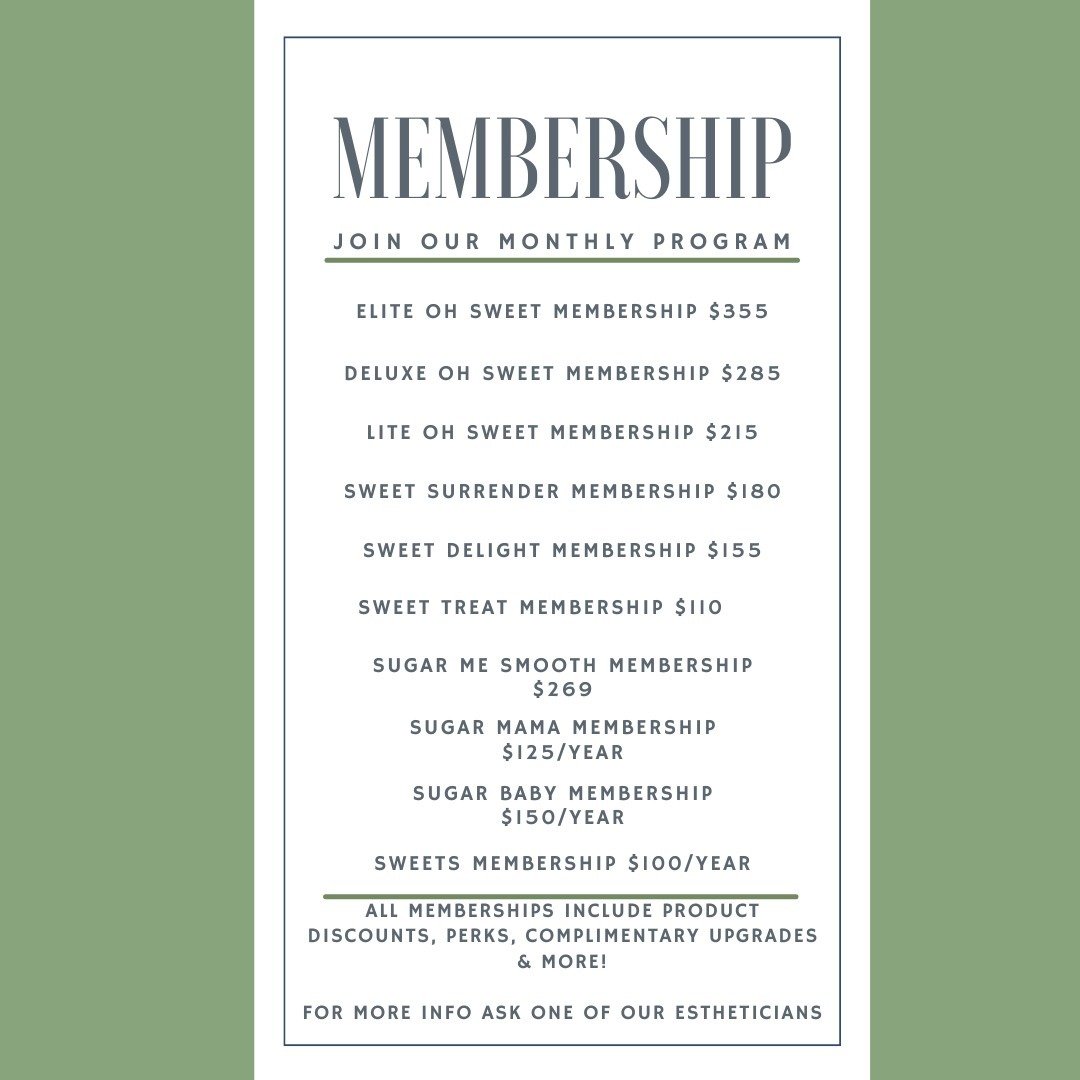 During these past few months we have been updaating our membership program and would like to introduce our newest ones! ✨

Starting off with the Sugar Mama membership. This membership includes: 1. 10% discounted services year round. 2. 10% off produc