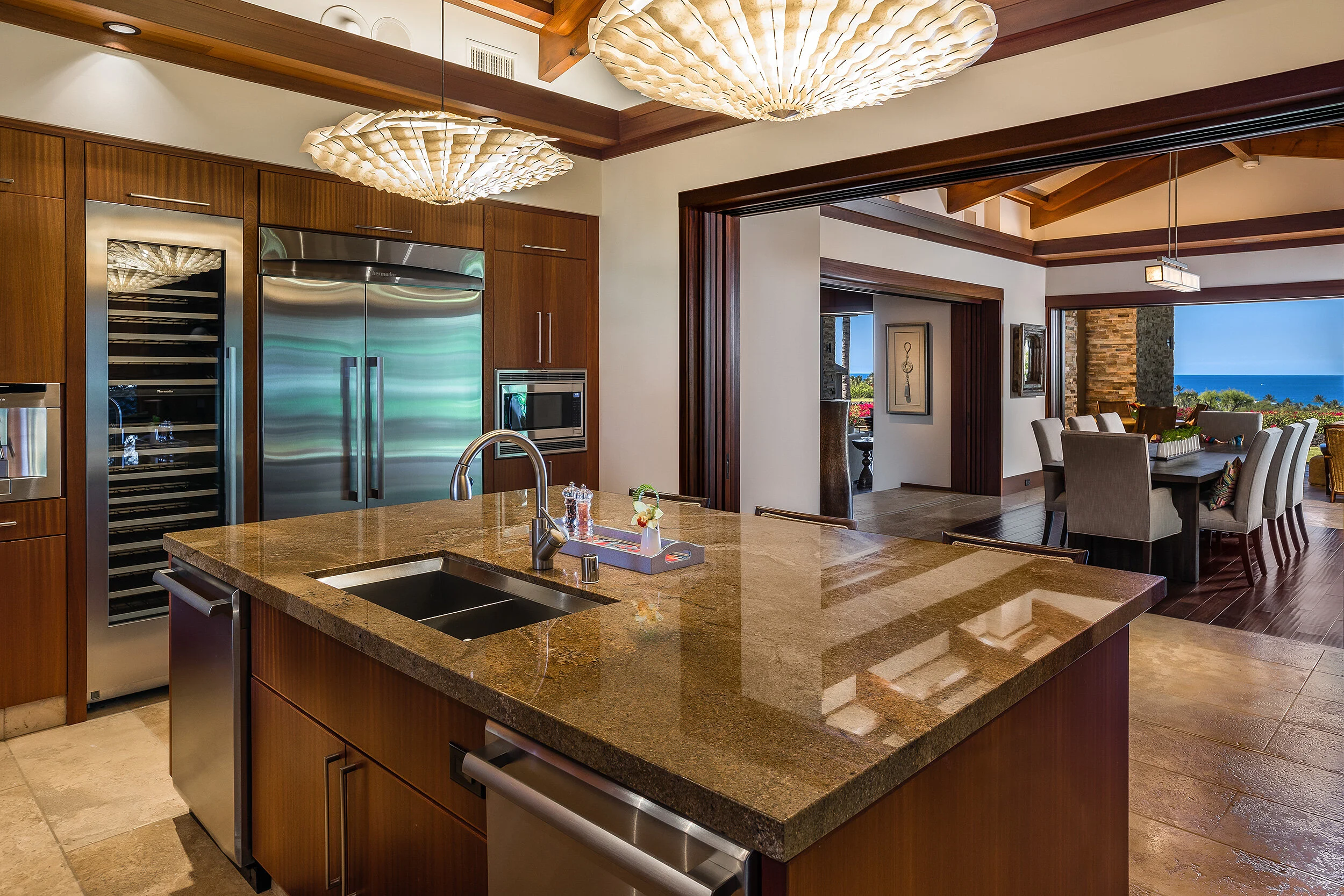Gourmet kitchen with granite countertops, custom cabinetry and Thermador professional appliances.