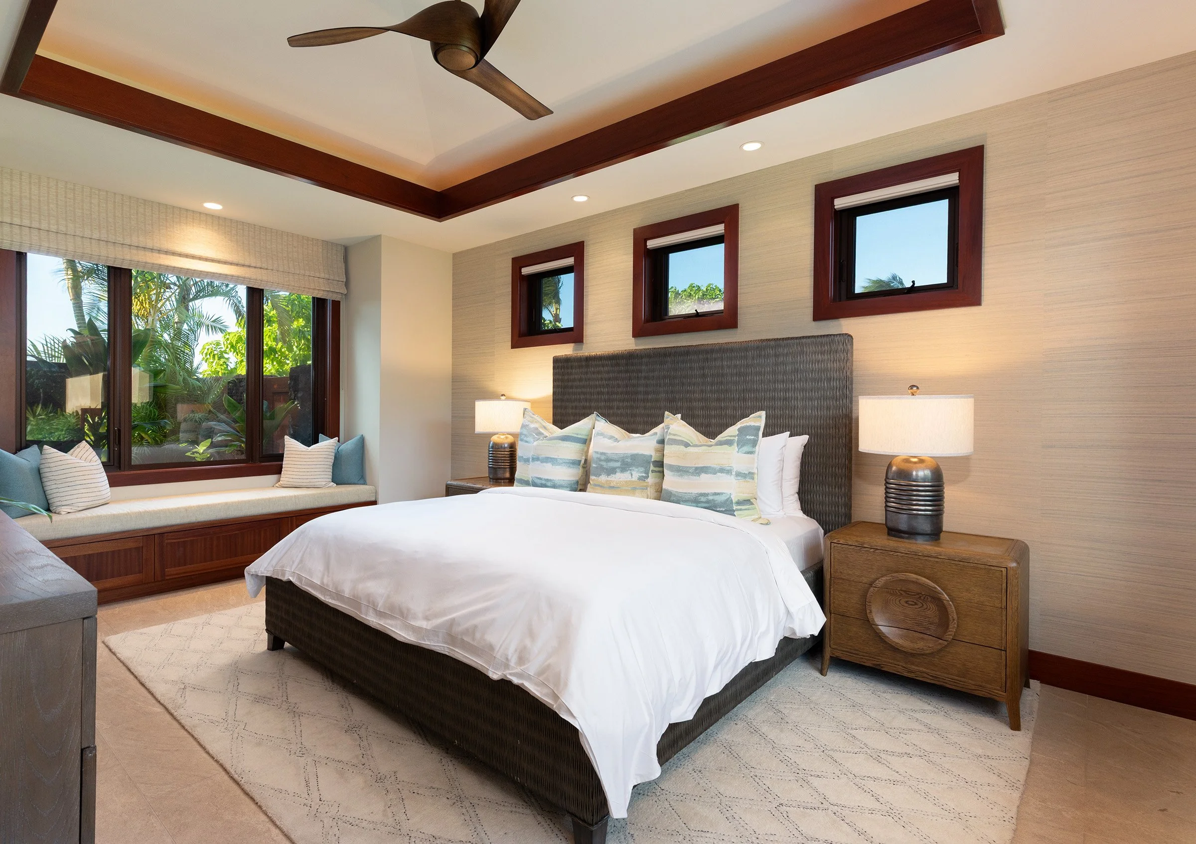 Spacious fourth guest bedroom with separate entry, window seating, full bathroom and outdoor shower garden.