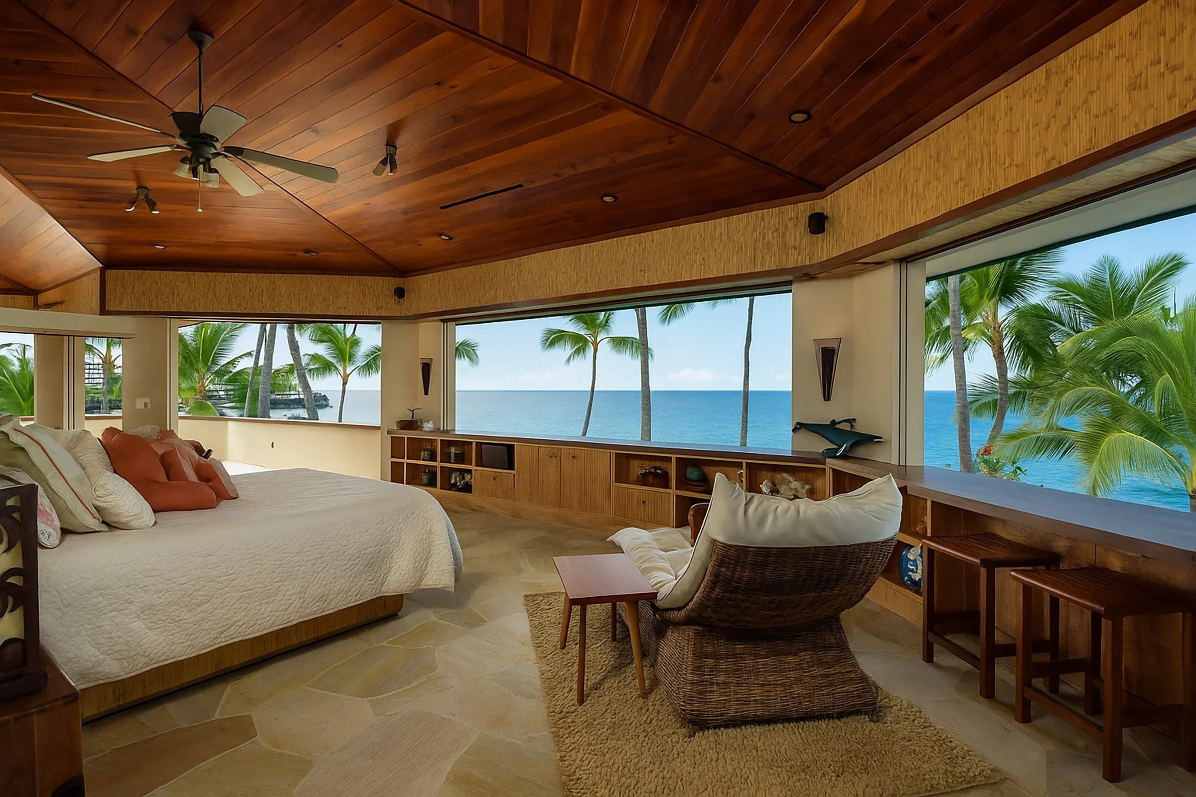 Primary bedroom suite overlooking the swaying palm trees and a staggering ocean view.