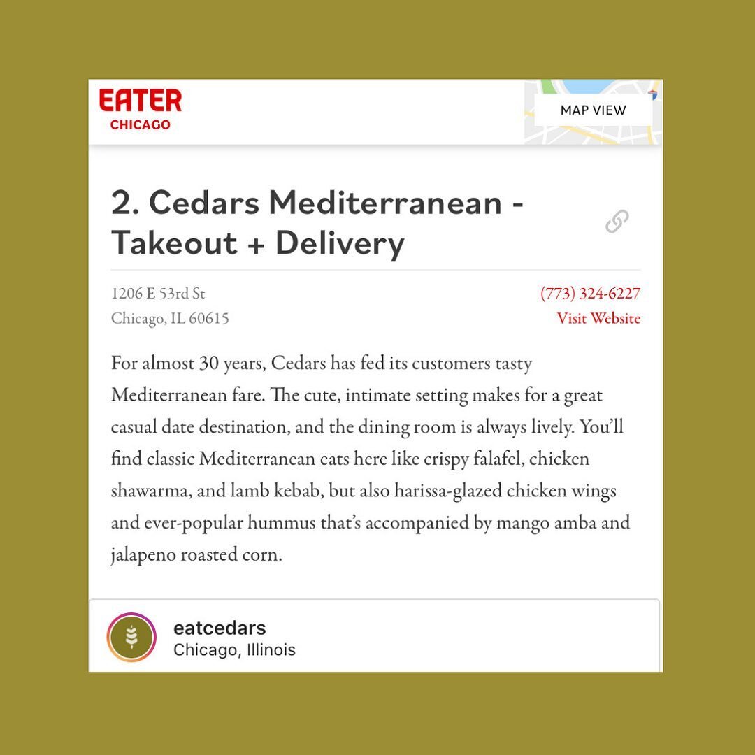 Beautiful people! An update for y&rsquo;all..

Feeling very grateful writing this post. Two weeks ago, Cedars was listed #2 on a list of the best places to eat in Hyde Park in an article by Eater Magazine Chicago. @eater_chicago 

This is a humbling 