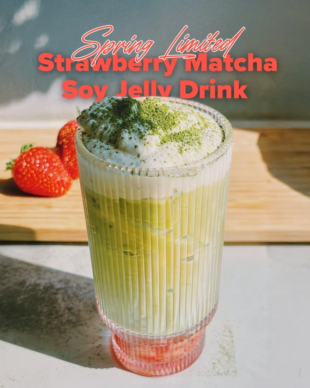 🍓 Spring Limited: Strawberry Matcha Soy Jelly Drink! 🌿

We&rsquo;ve blended the deep, earthy vibes of matcha with the sweet, tangy punch of fresh strawberries, all topped with that addictive, "wiggly" soy jelly.
The entire spring season i