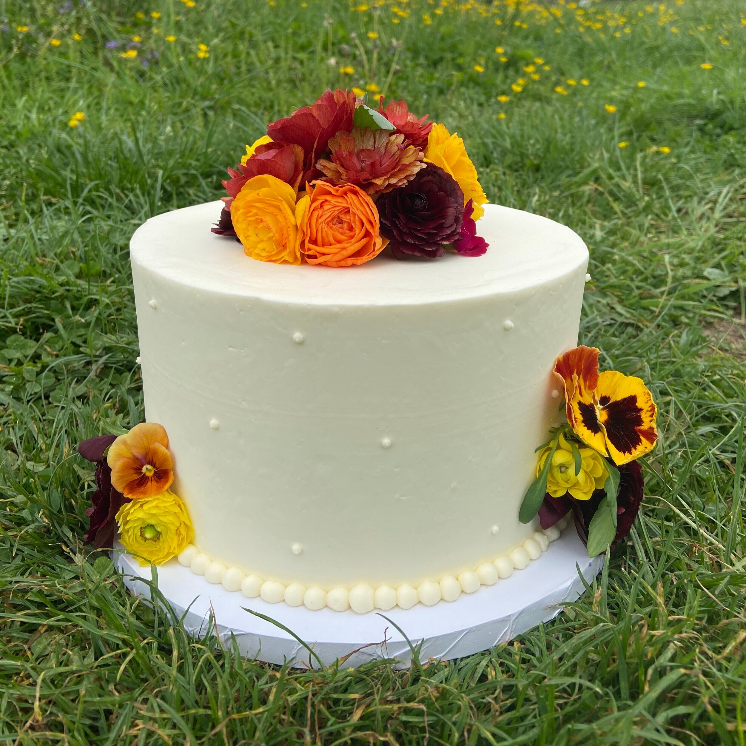 Anniversary cake, replicated after the bride and groom's wedding cake from 20 years prior. Single 8" vanilla cake and vanilla buttercream. 