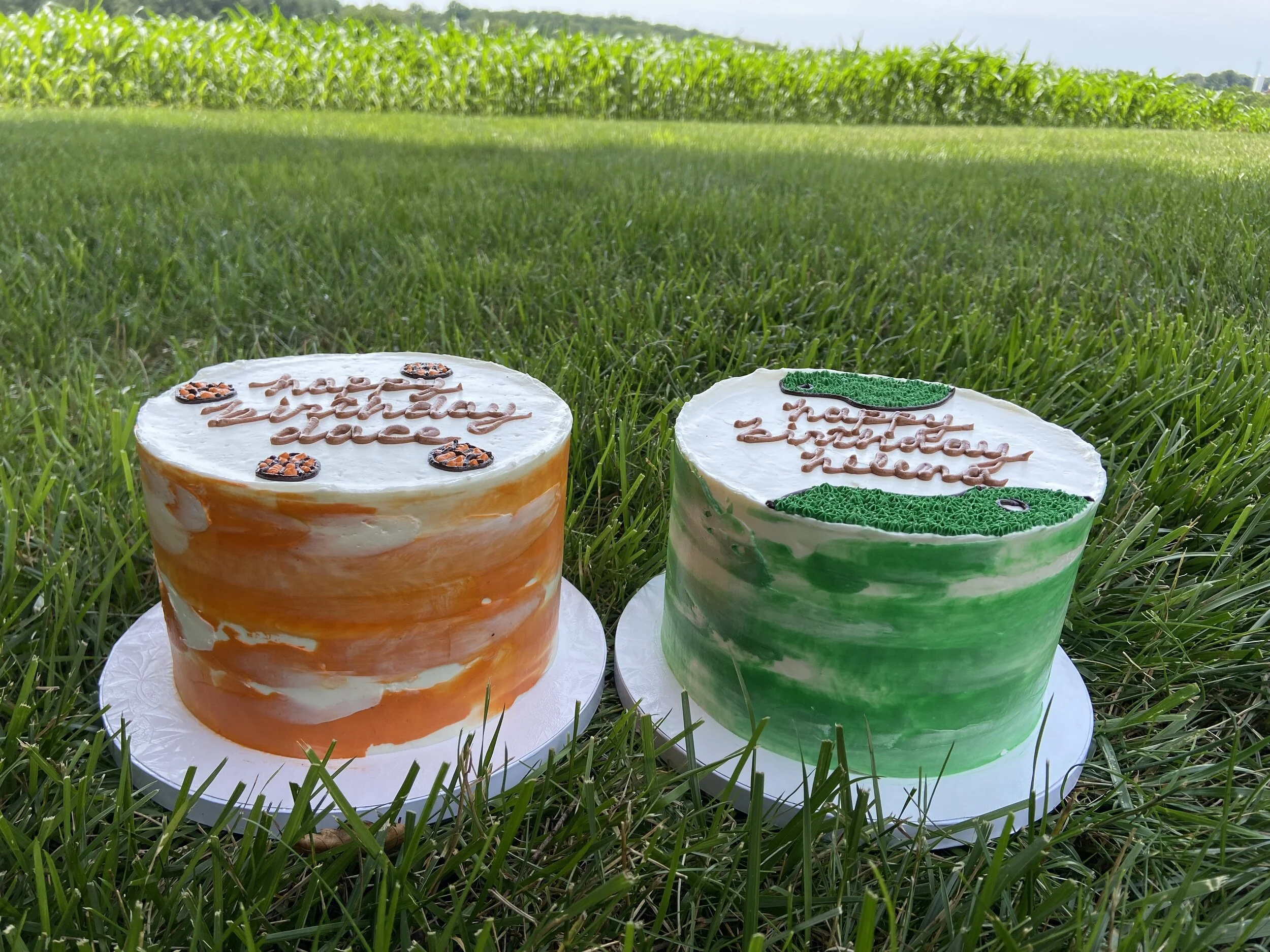 Two twin 6" vanilla cakes for sister's celebrating birthdays! One was a fan of a basketball and the other golf. Two celebrations at one time!