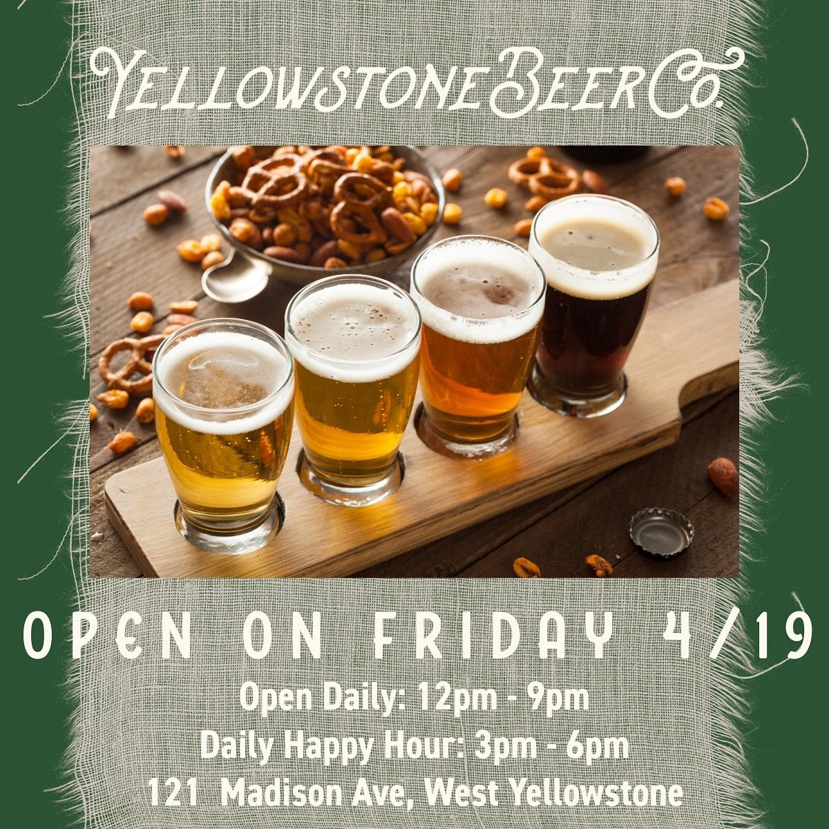 Get ready! Yellowstone Beer Company is reopening for the summer season this Friday, April 19th at noon! Cheers! 🍻