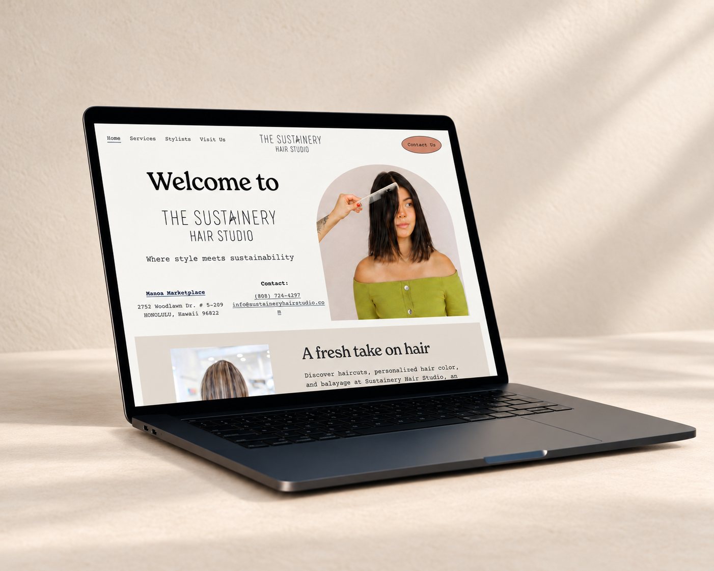 Sustainery Hair Studio Website Image on a laptop