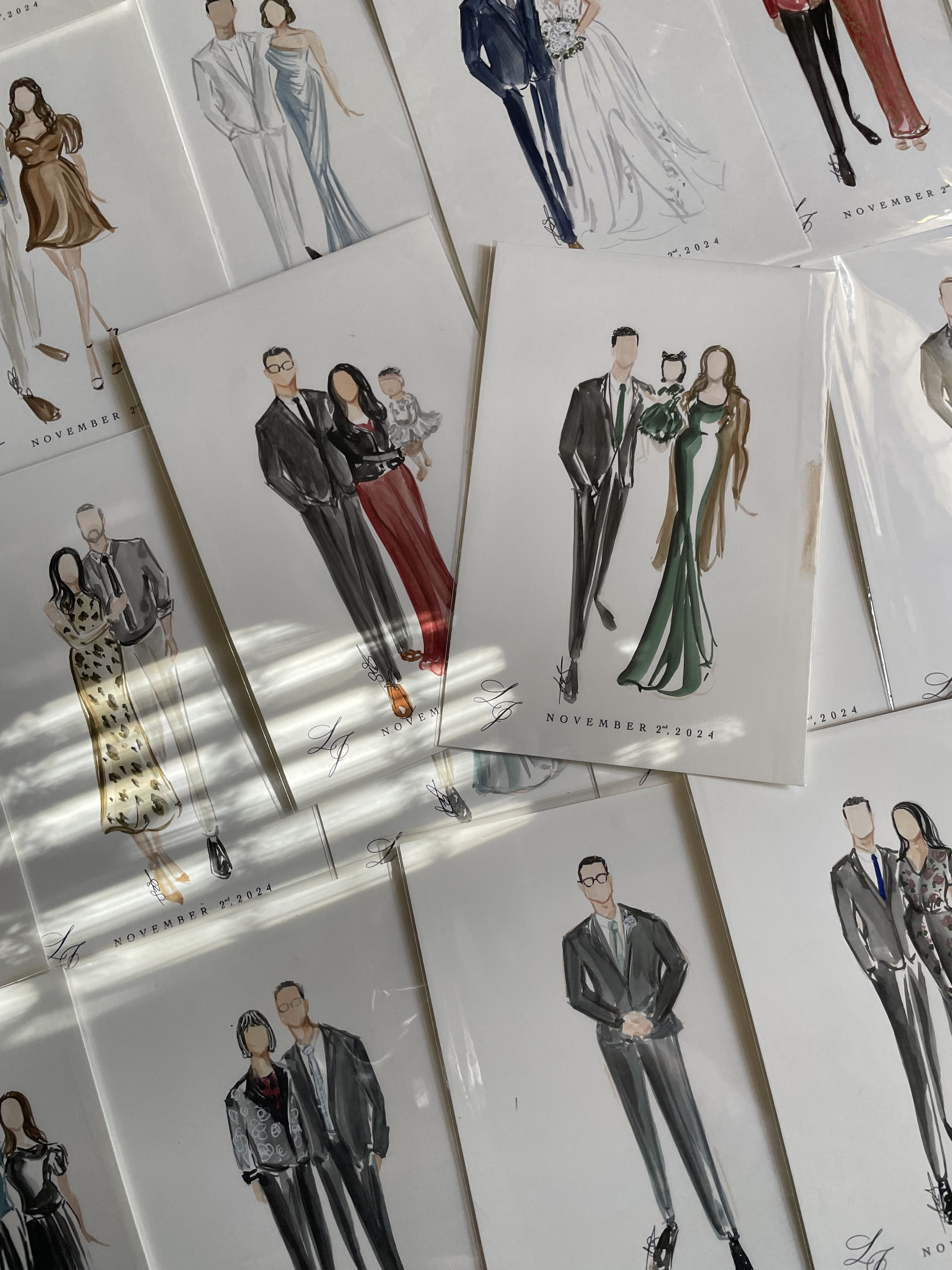 A collection of illustrated wedding attire posters featuring couples and individuals in formal clothing, with the date 'November 2nd, 2024' on some.