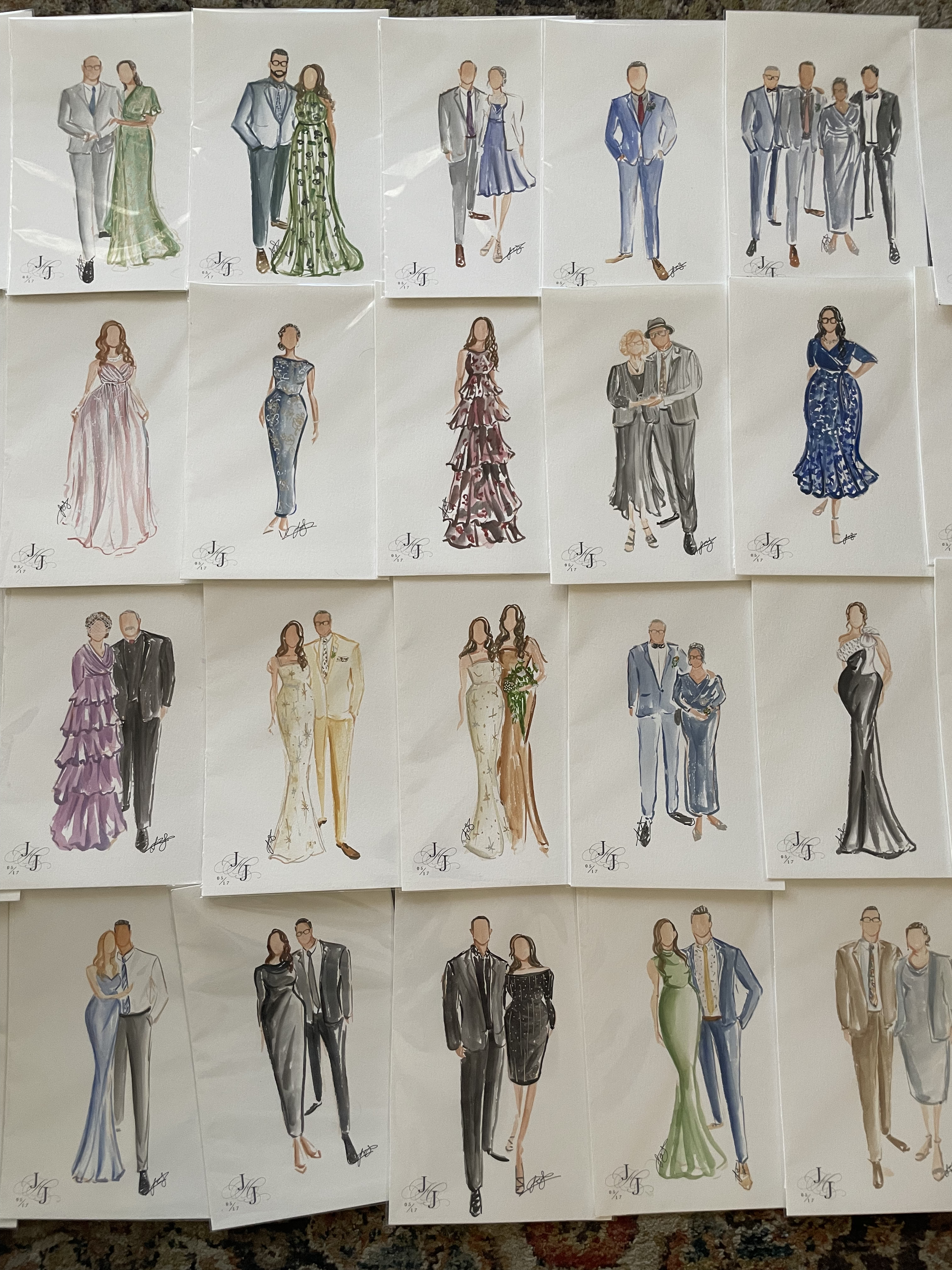 Collection of fashion illustrations featuring various formal eveningwear and wedding attire on paper sketches.