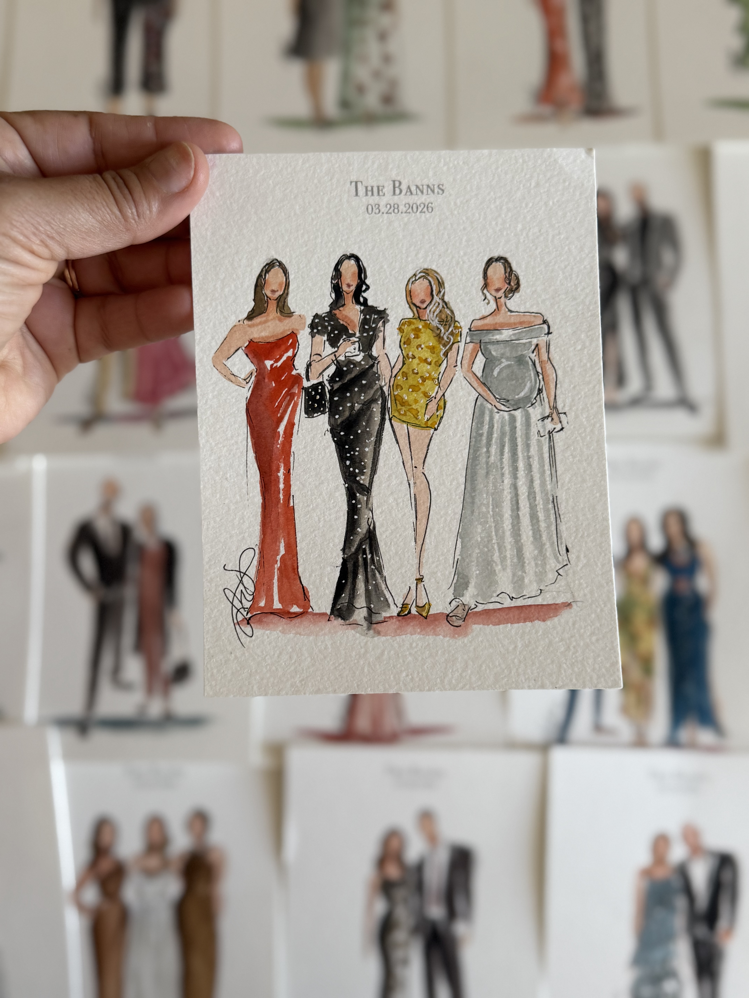 Sketch of four women in elegant dresses, standing side by side, with the text 'The Banns' and date '03.28.2026' above them.