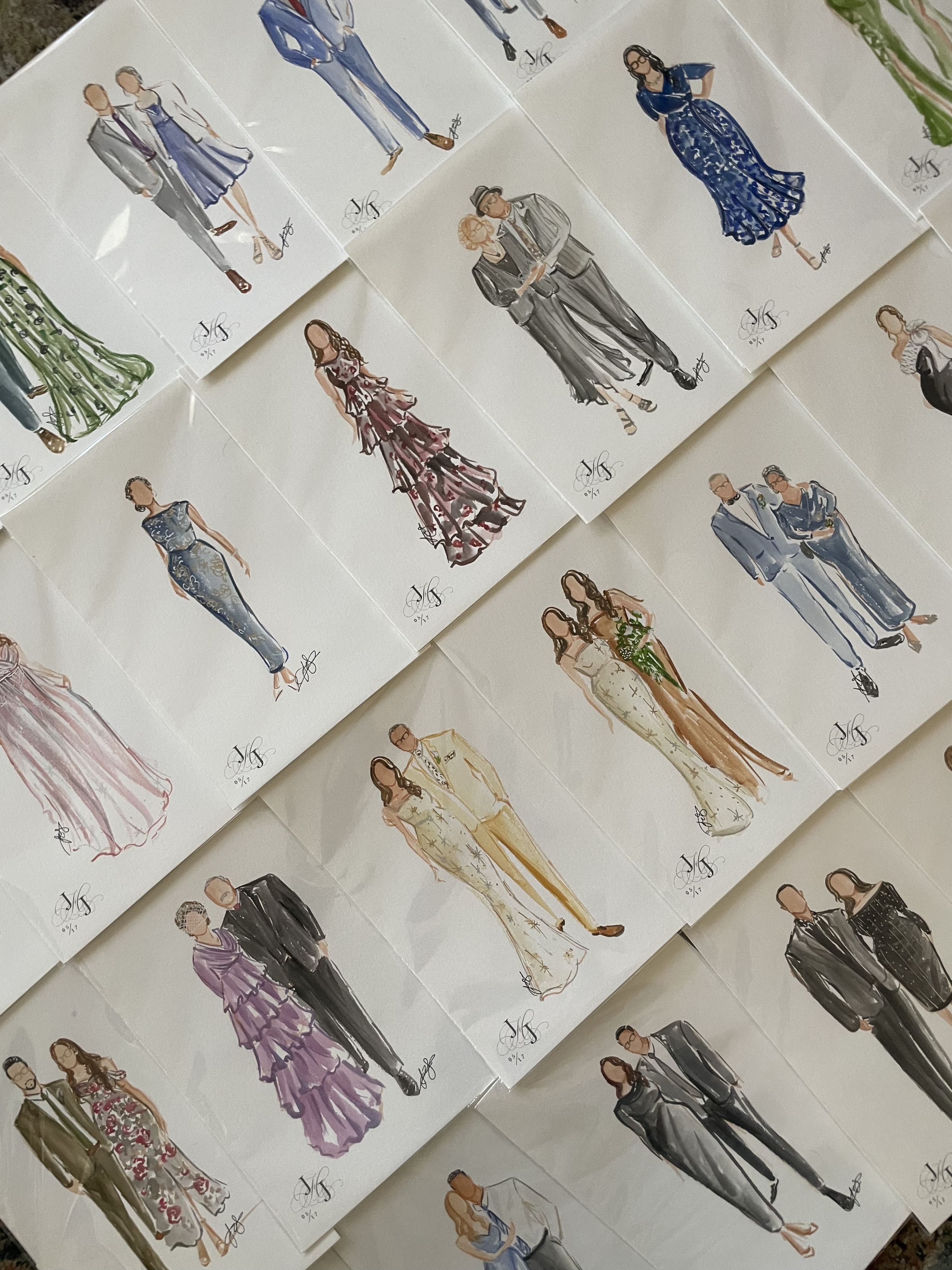 Collection of watercolor fashion sketches of various outfits worn by faceless models, arranged on a white background.