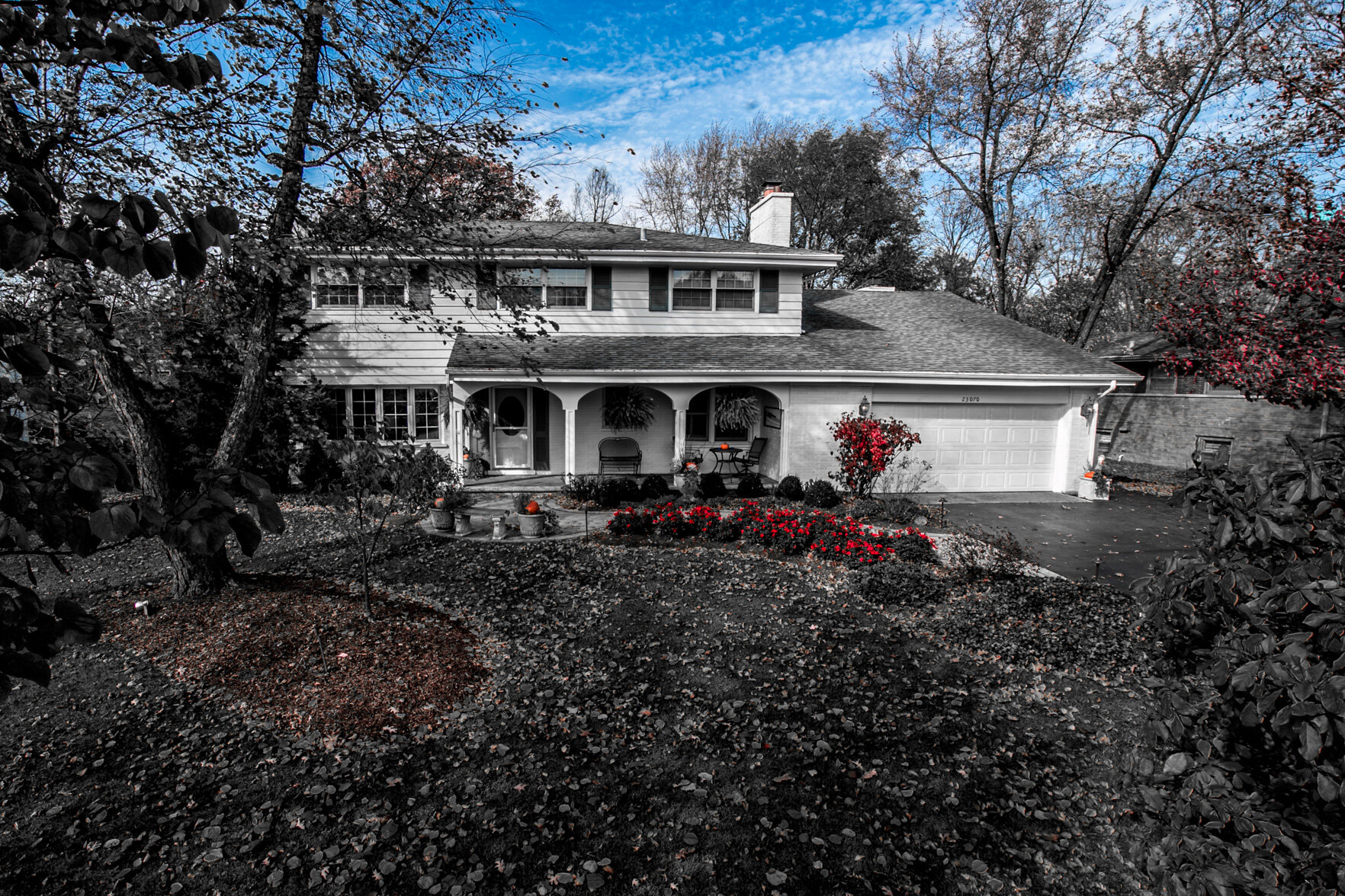 suburban house selective color red