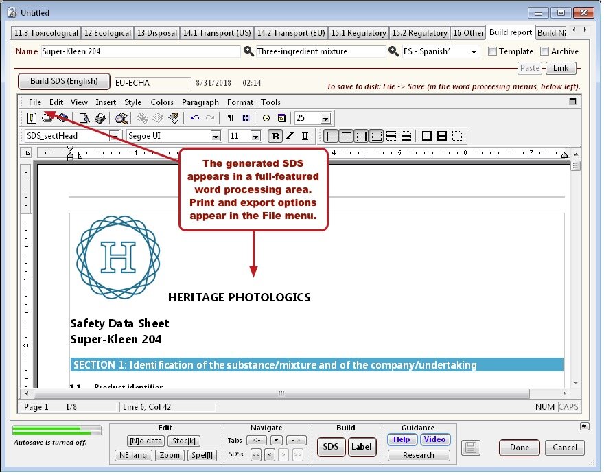 12. The generated SDS appears in the word processing area.