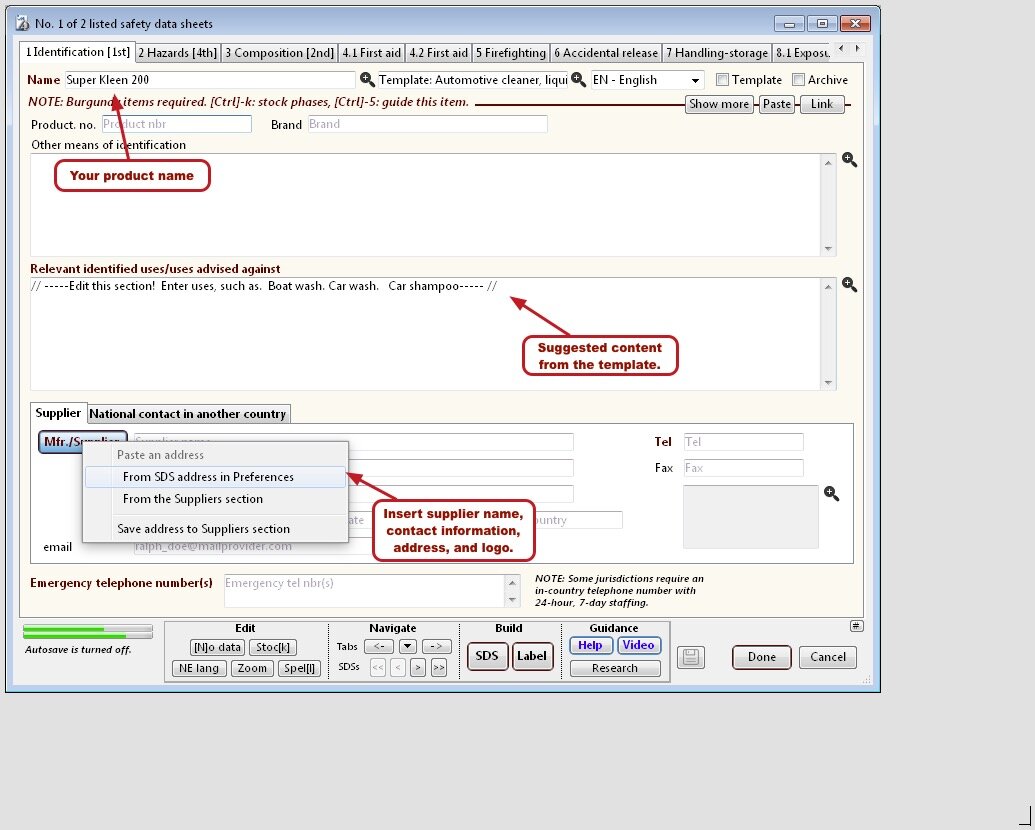 2. Enter basic information for SDS Section 1.