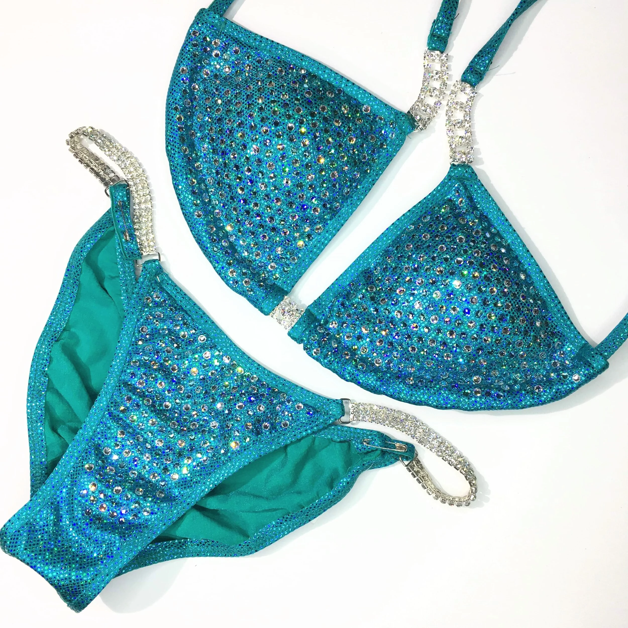 moderate teal blue bodybuilding competition bikini suit