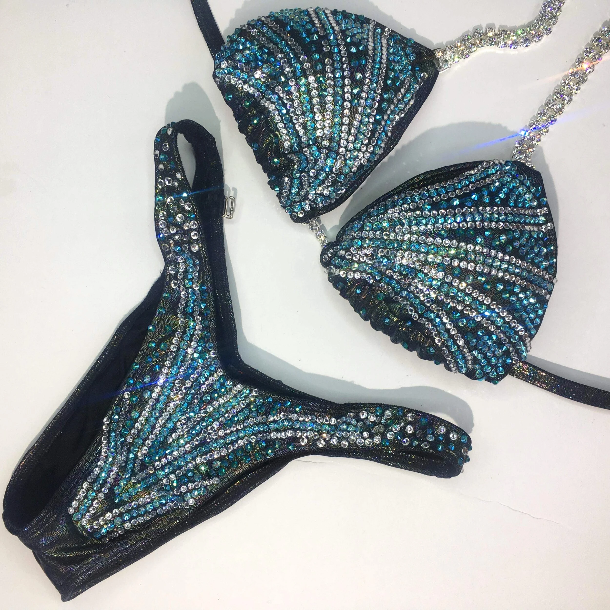 Unique Green and Blue Figure Competition Suit - Center Burst