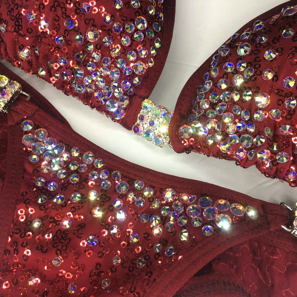 Practice Bikini / Posing Suit For Competition - Wine Color, Pro Cut Or Brazilian Bottom, Removable Padding