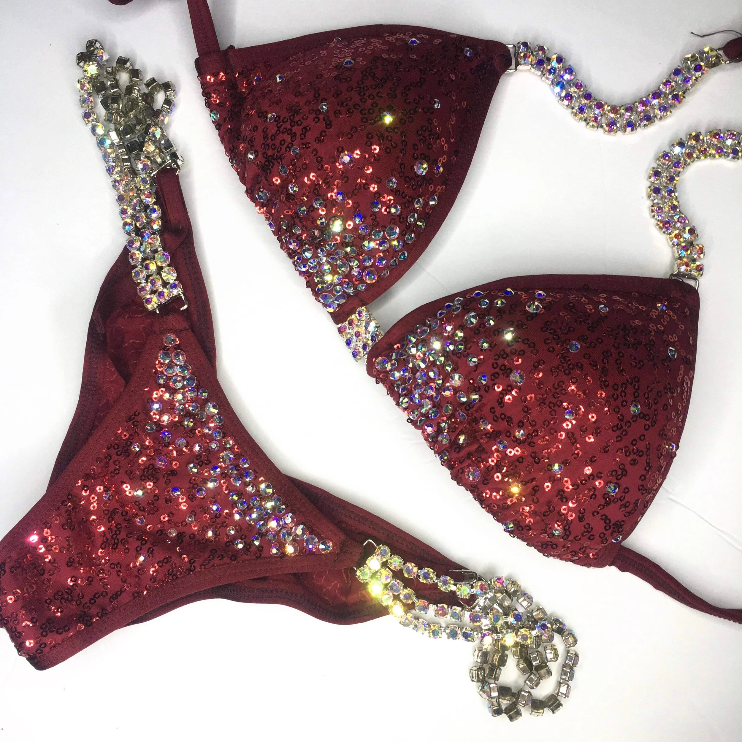Affordable Wine Red Sequin Competition Bikini - Center Front Burst