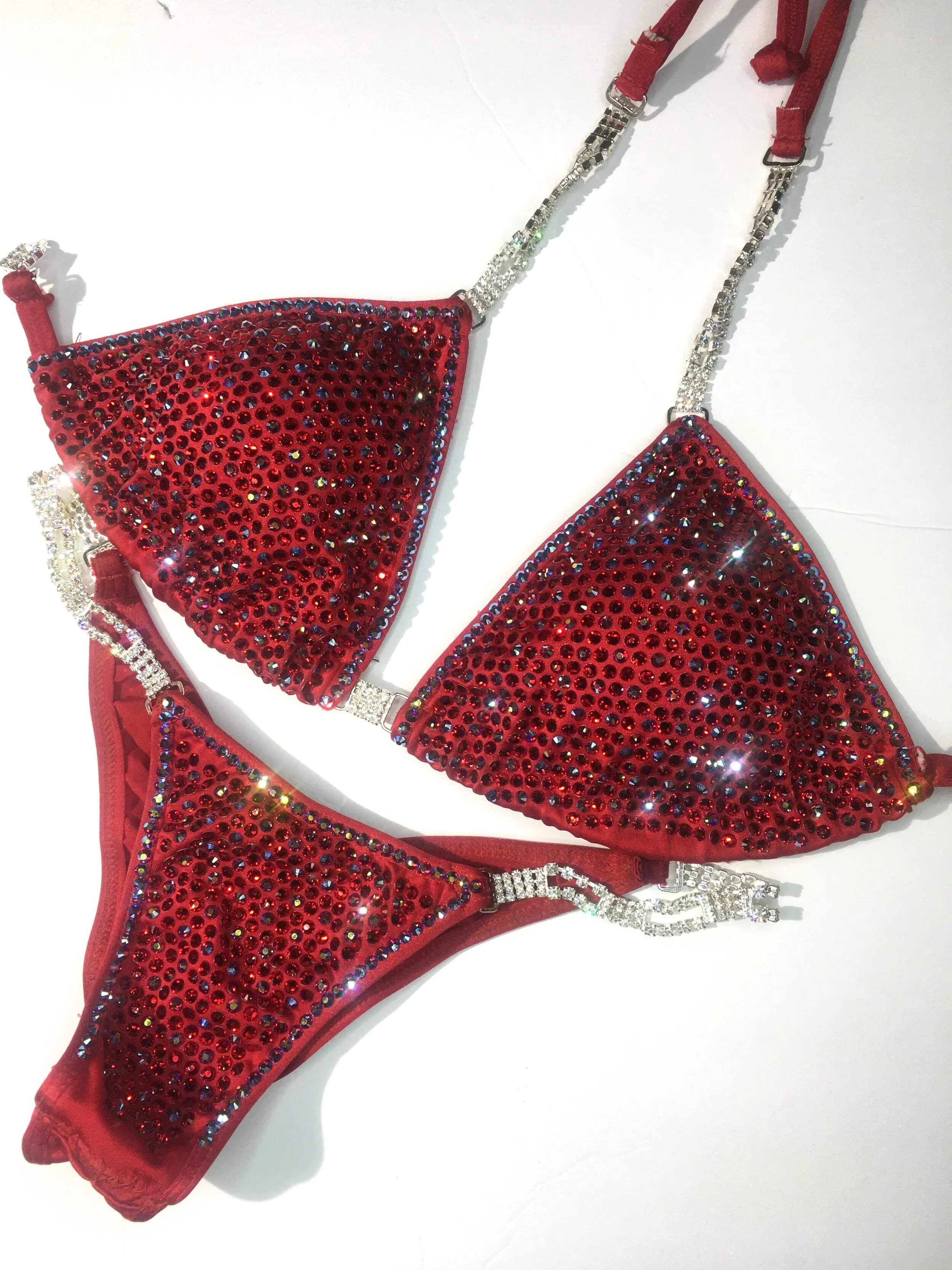Deluxe Red Competition Bikini - Heavily Rhinestoned with AB Boarder