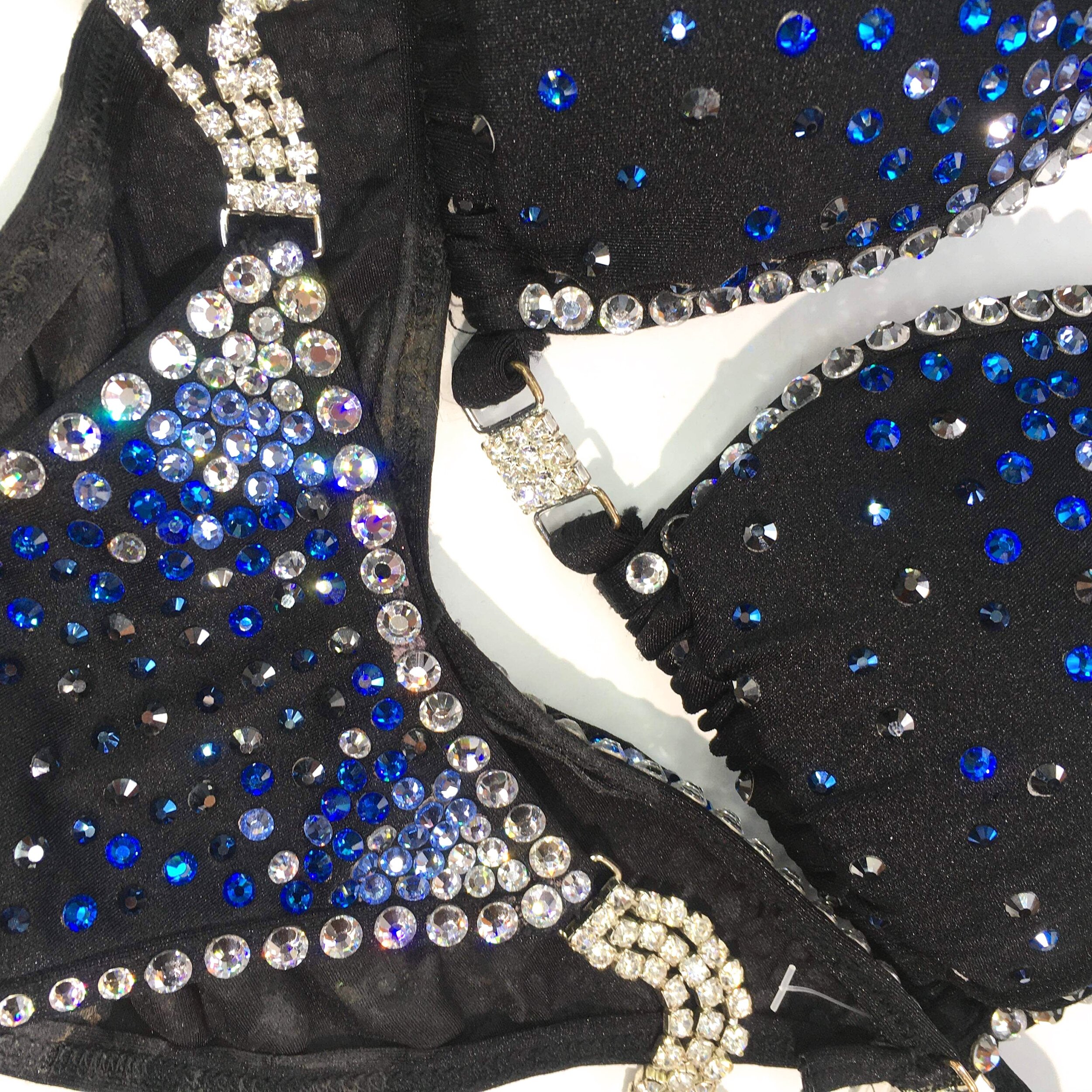 affordable unique black and blue bodybuilding competition bikini suit