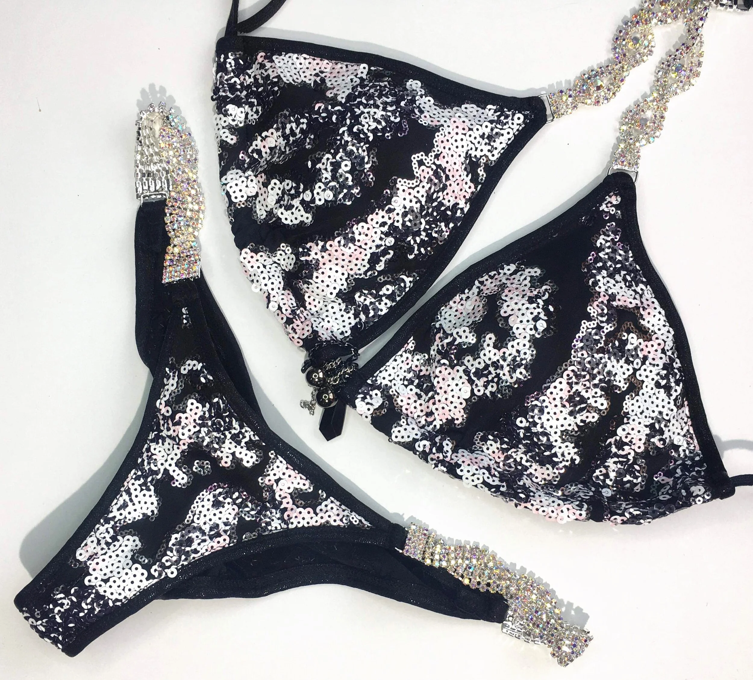 Affordable Unique Black and White Competition Bikini - Sequin
